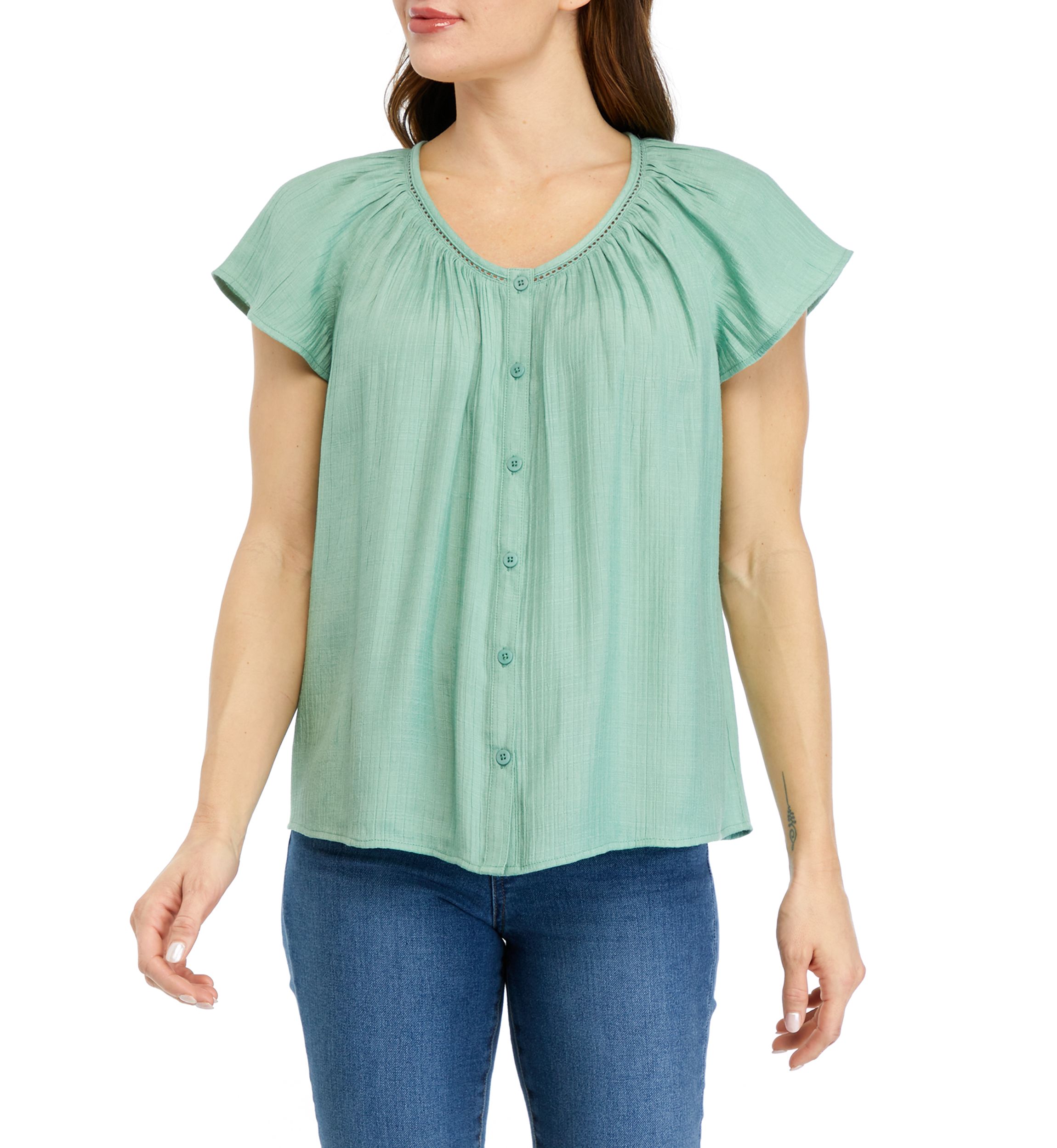 Womens Linen Like Flutter Sleeve Top