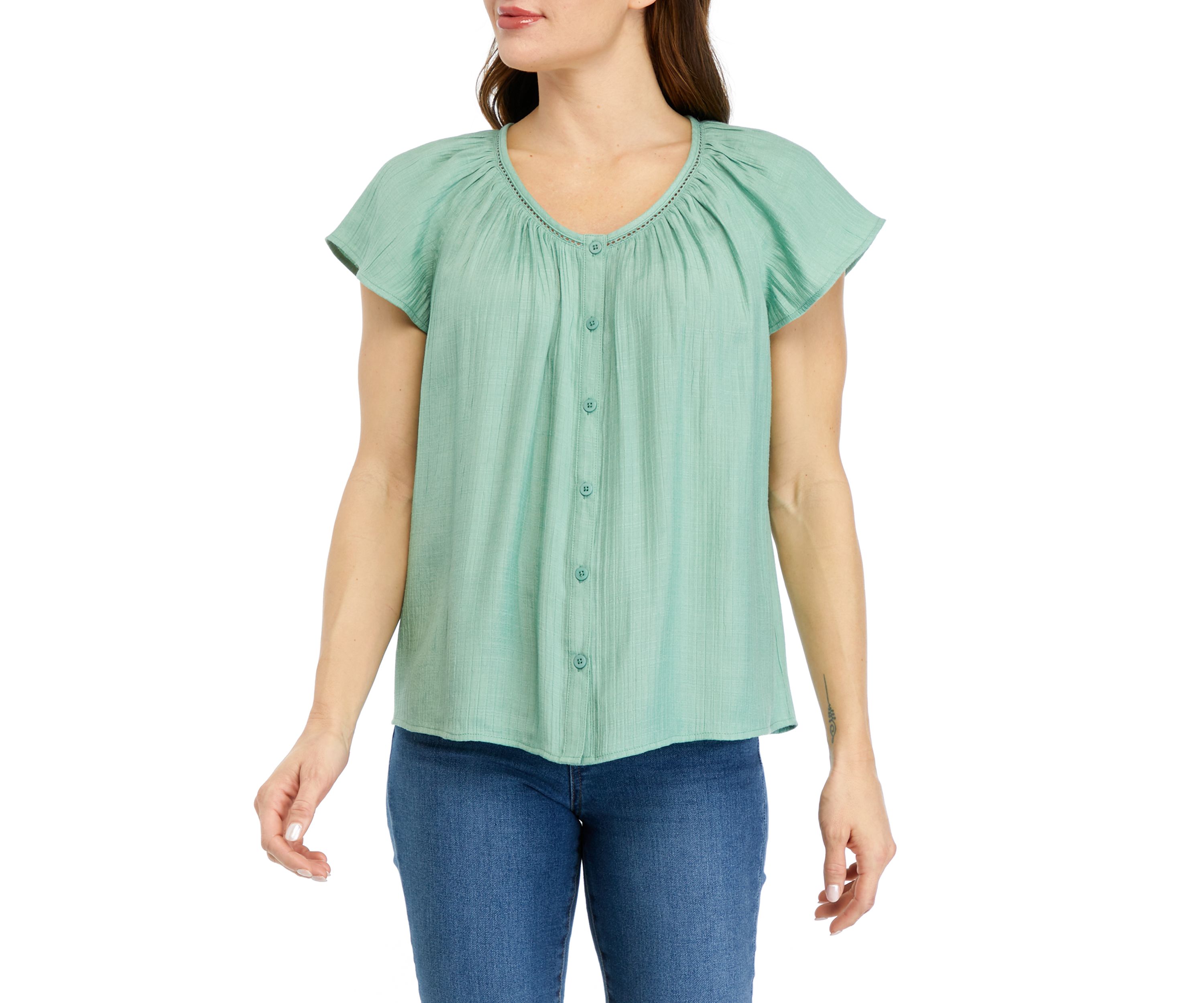 Womens Linen Like Flutter Sleeve Top