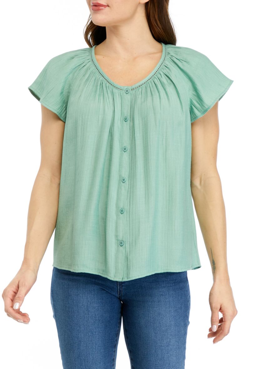 Womens Linen Like Flutter Sleeve Top