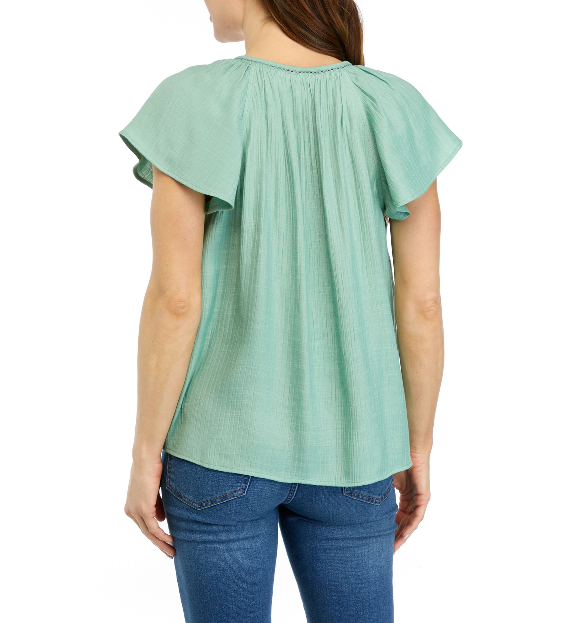 Womens Linen Like Flutter Sleeve Top