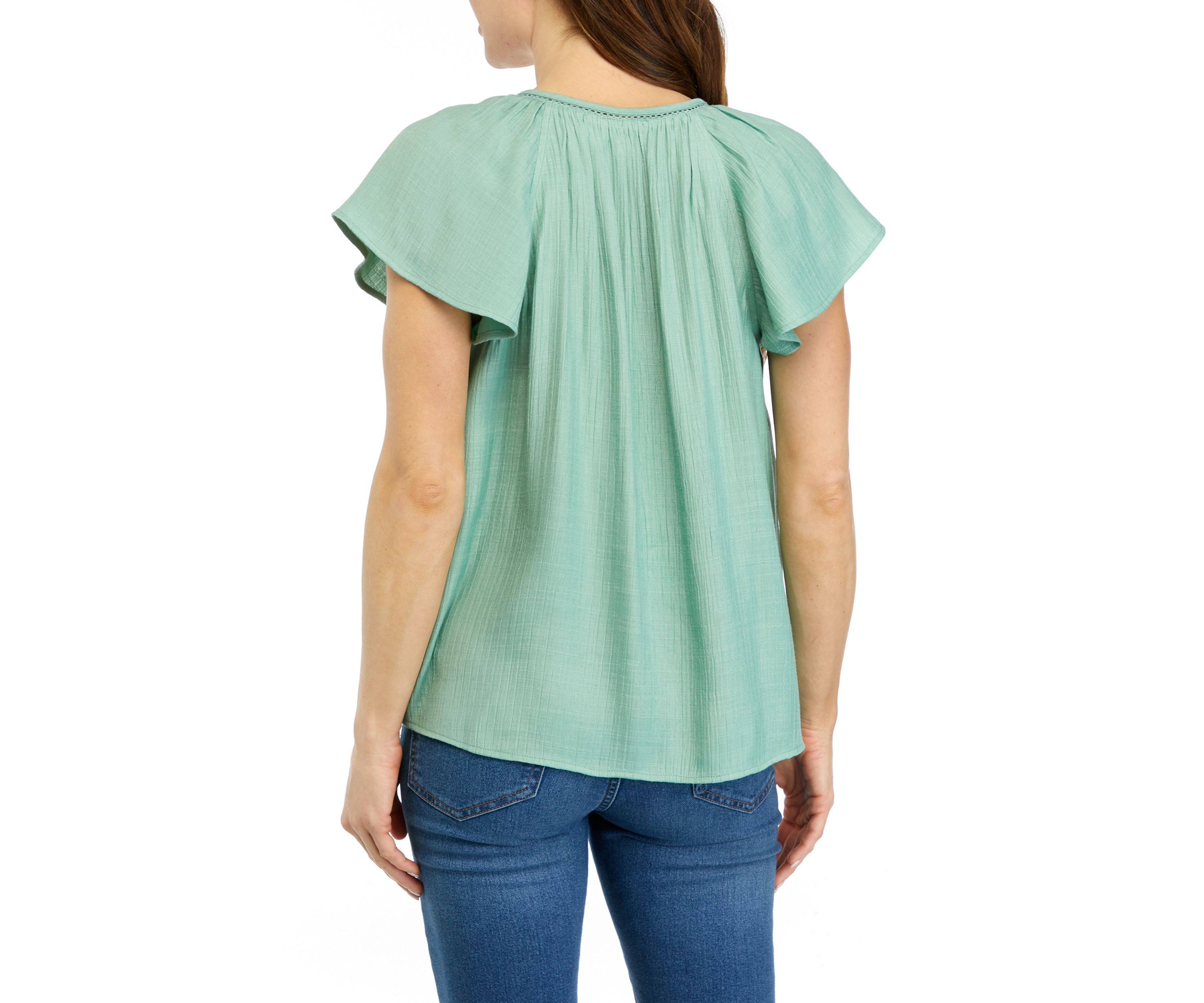 Womens Linen Like Flutter Sleeve Top