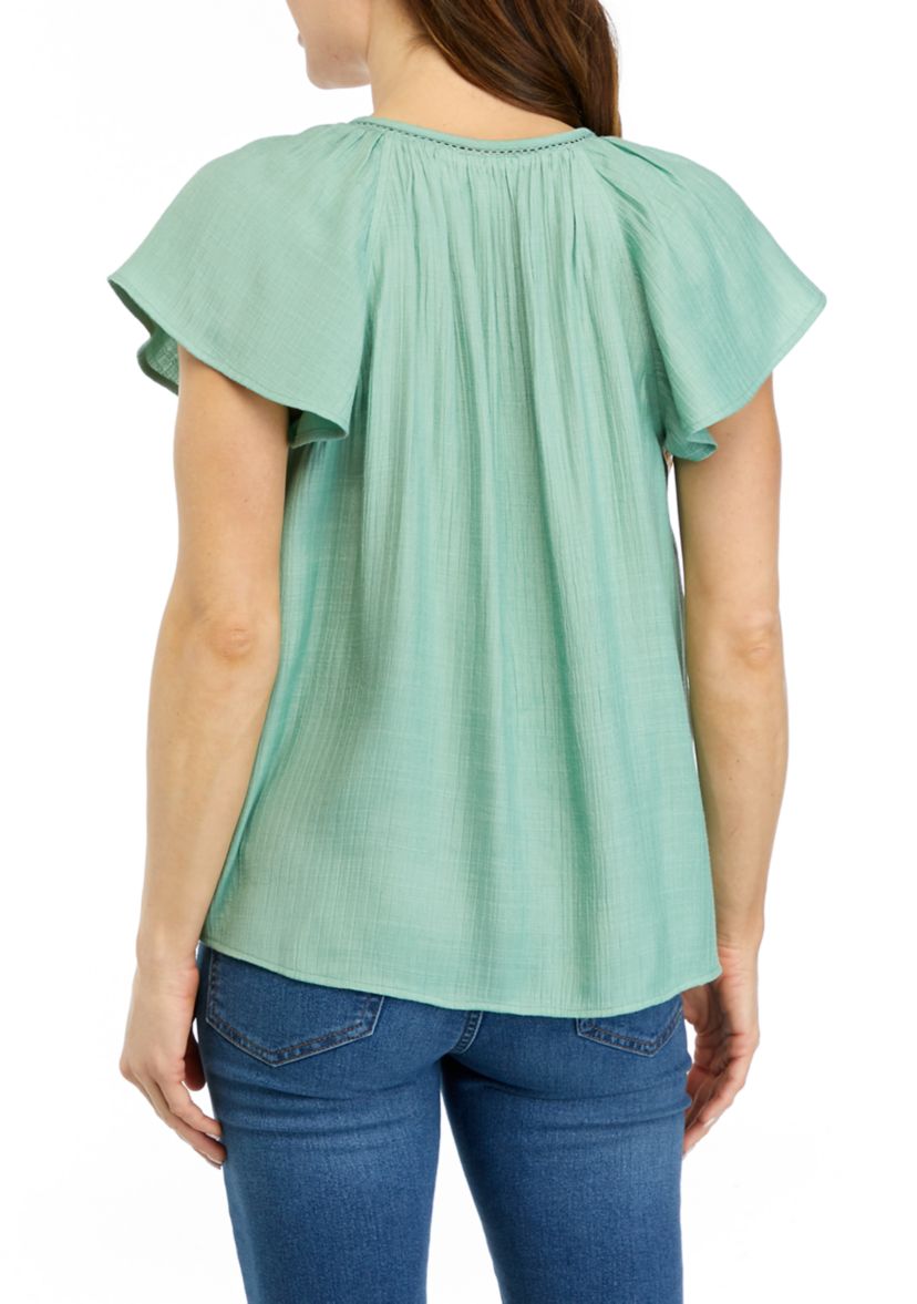Womens Linen Like Flutter Sleeve Top