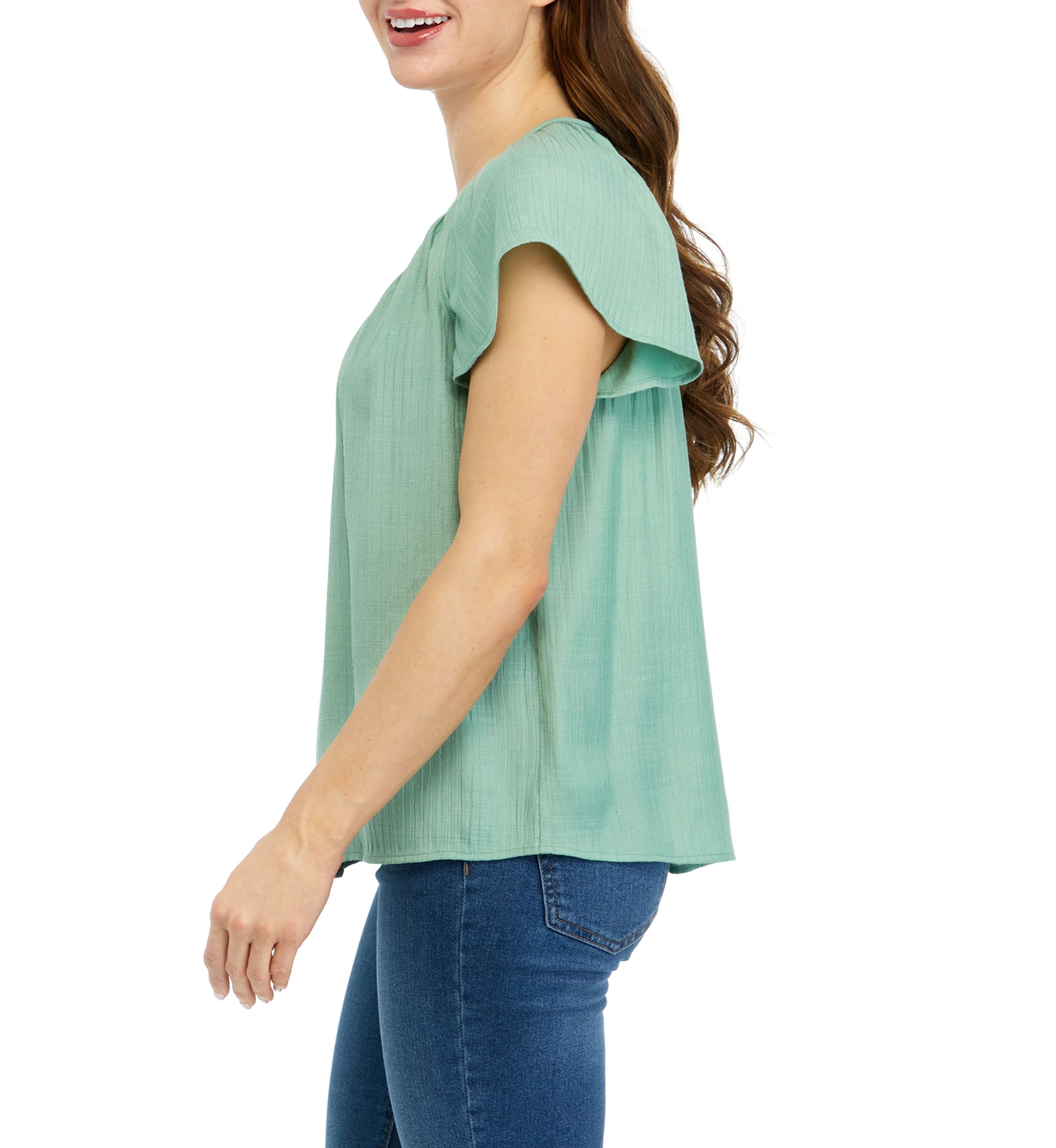 Womens Linen Like Flutter Sleeve Top