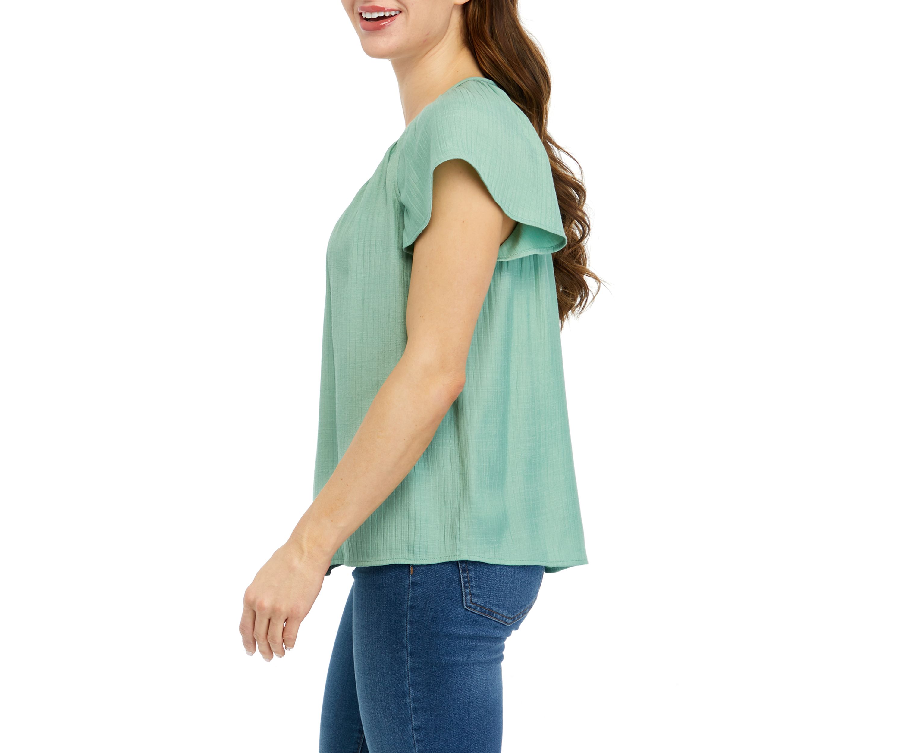 Womens Linen Like Flutter Sleeve Top