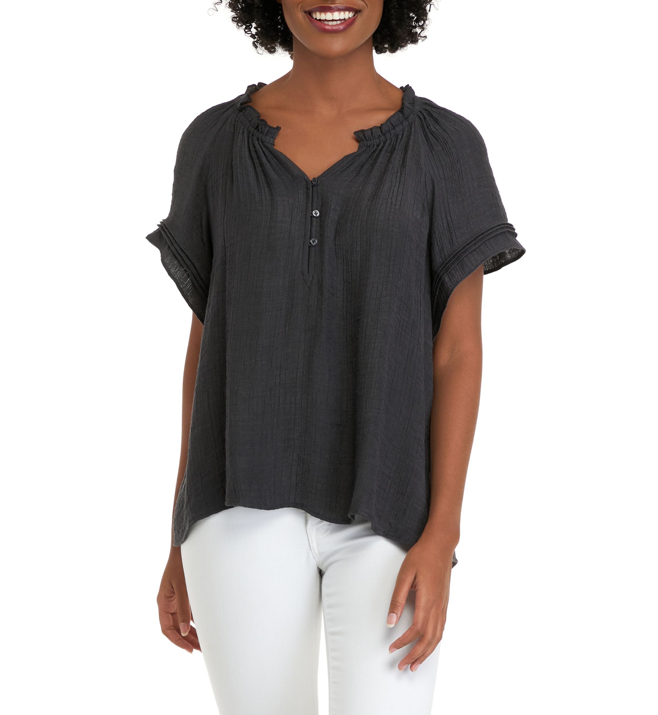 Womens Short Sleeve Linen Like Peasant Woven Top