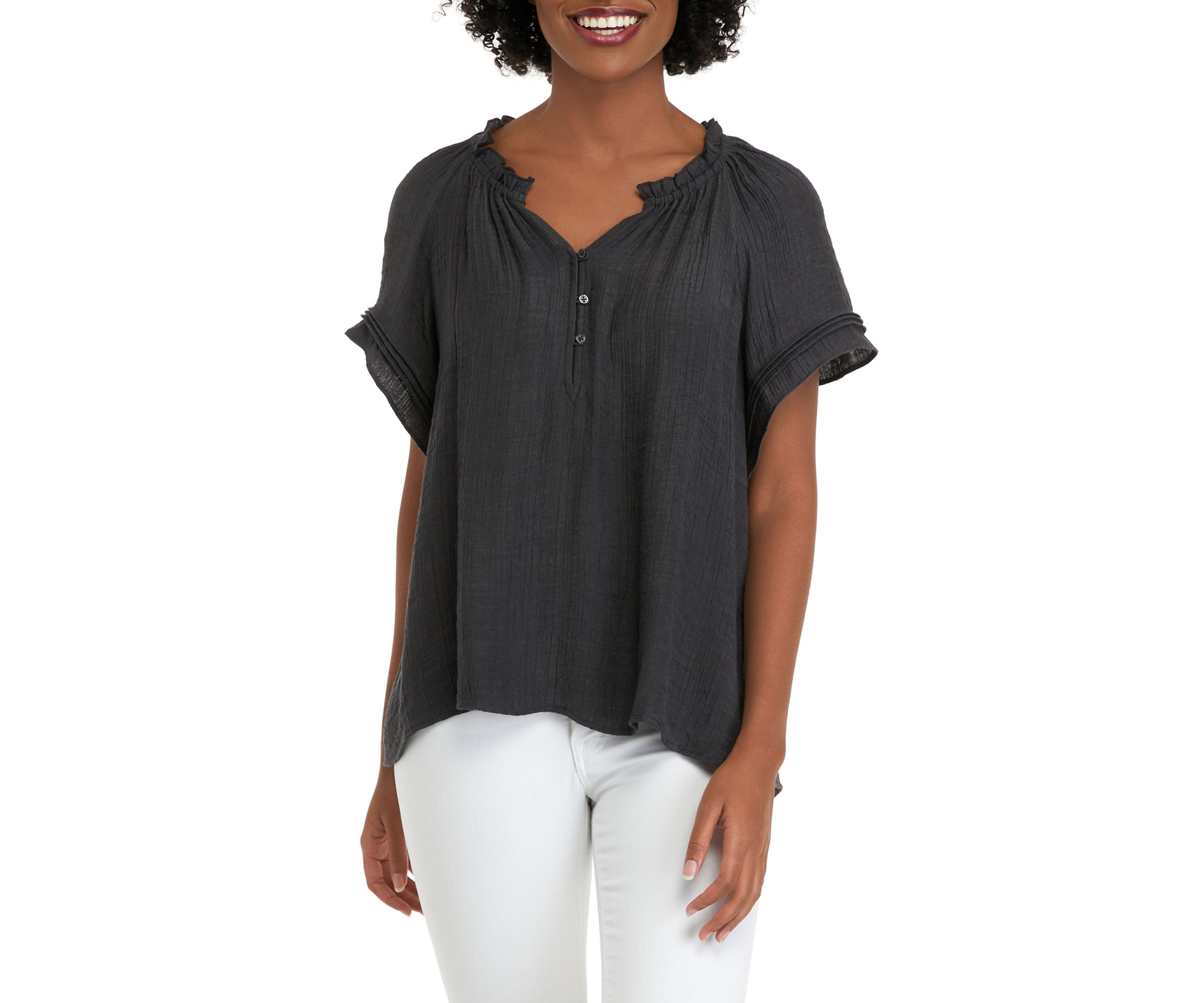 Womens Short Sleeve Linen Like Peasant Woven Top