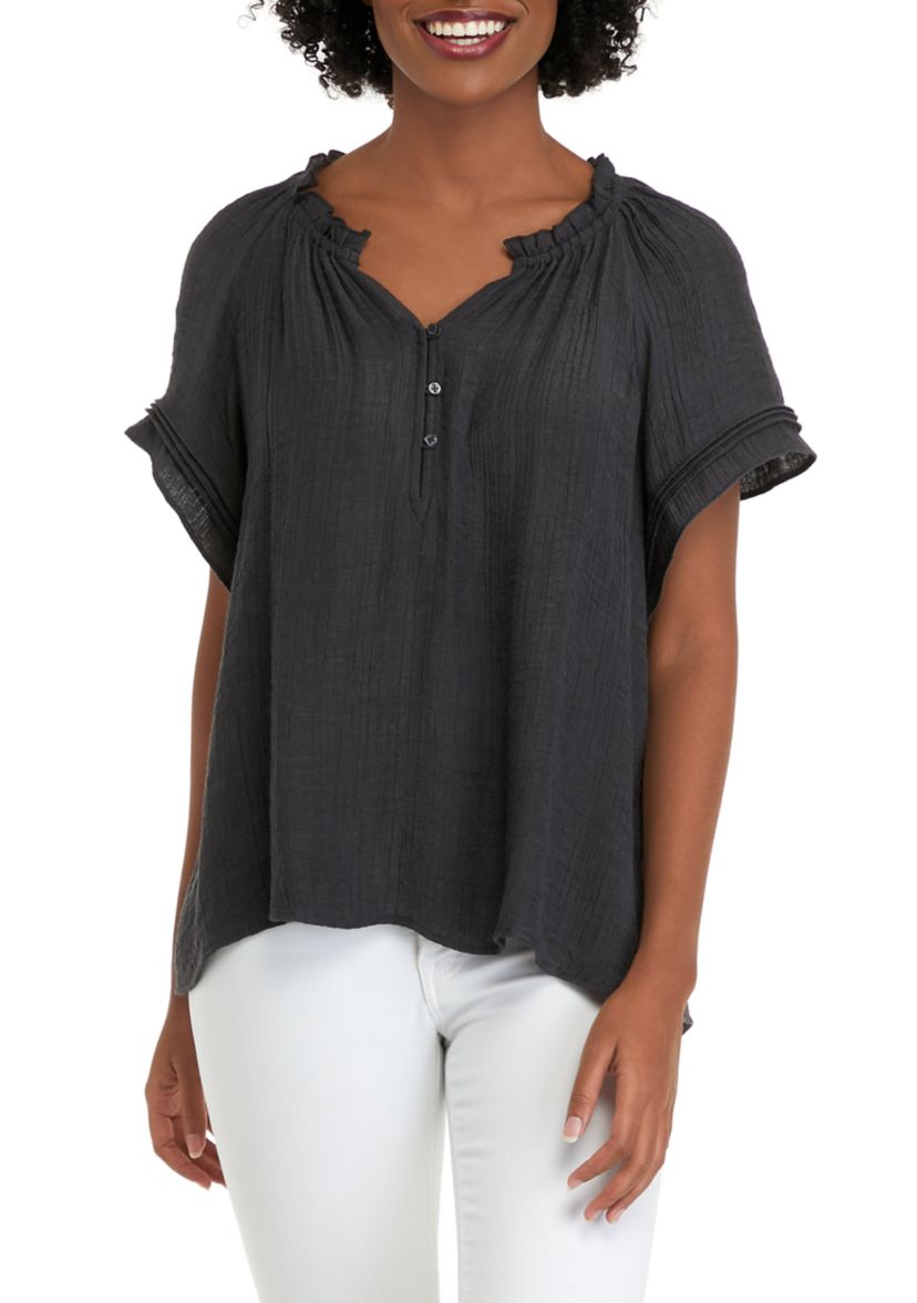 Womens Short Sleeve Linen Like Peasant Woven Top
