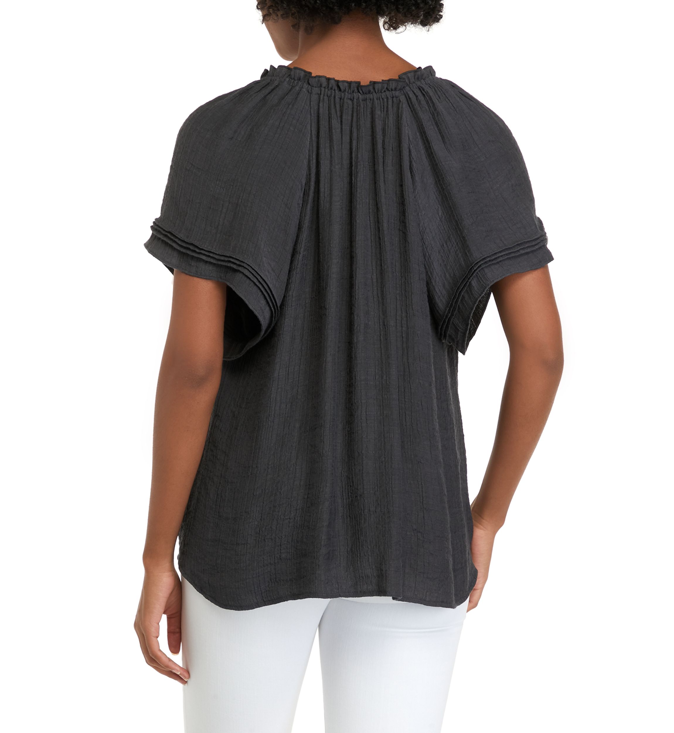 Womens Short Sleeve Linen Like Peasant Woven Top