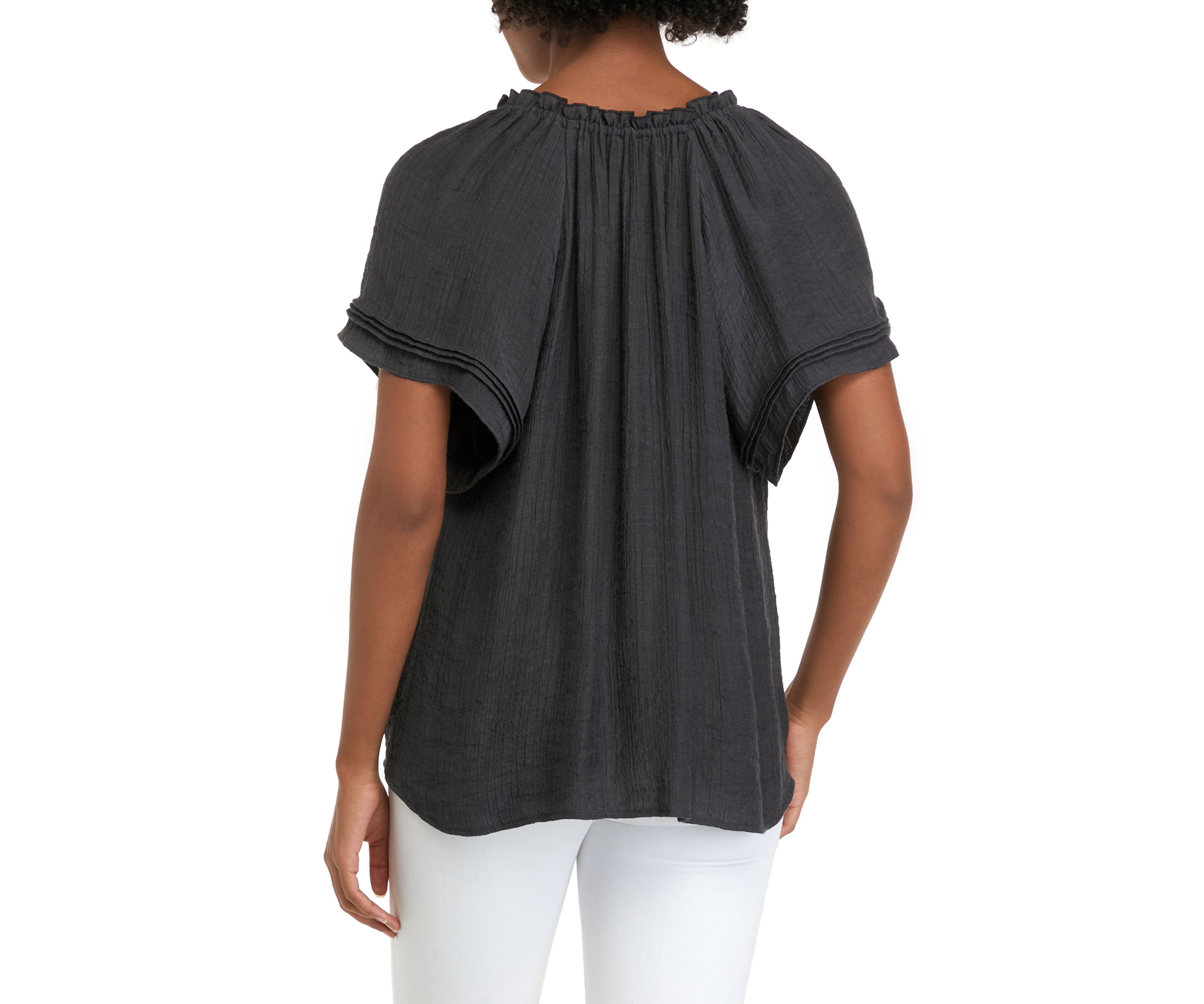Womens Short Sleeve Linen Like Peasant Woven Top