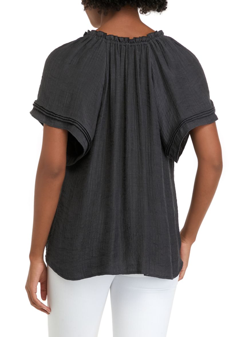 Womens Short Sleeve Linen Like Peasant Woven Top