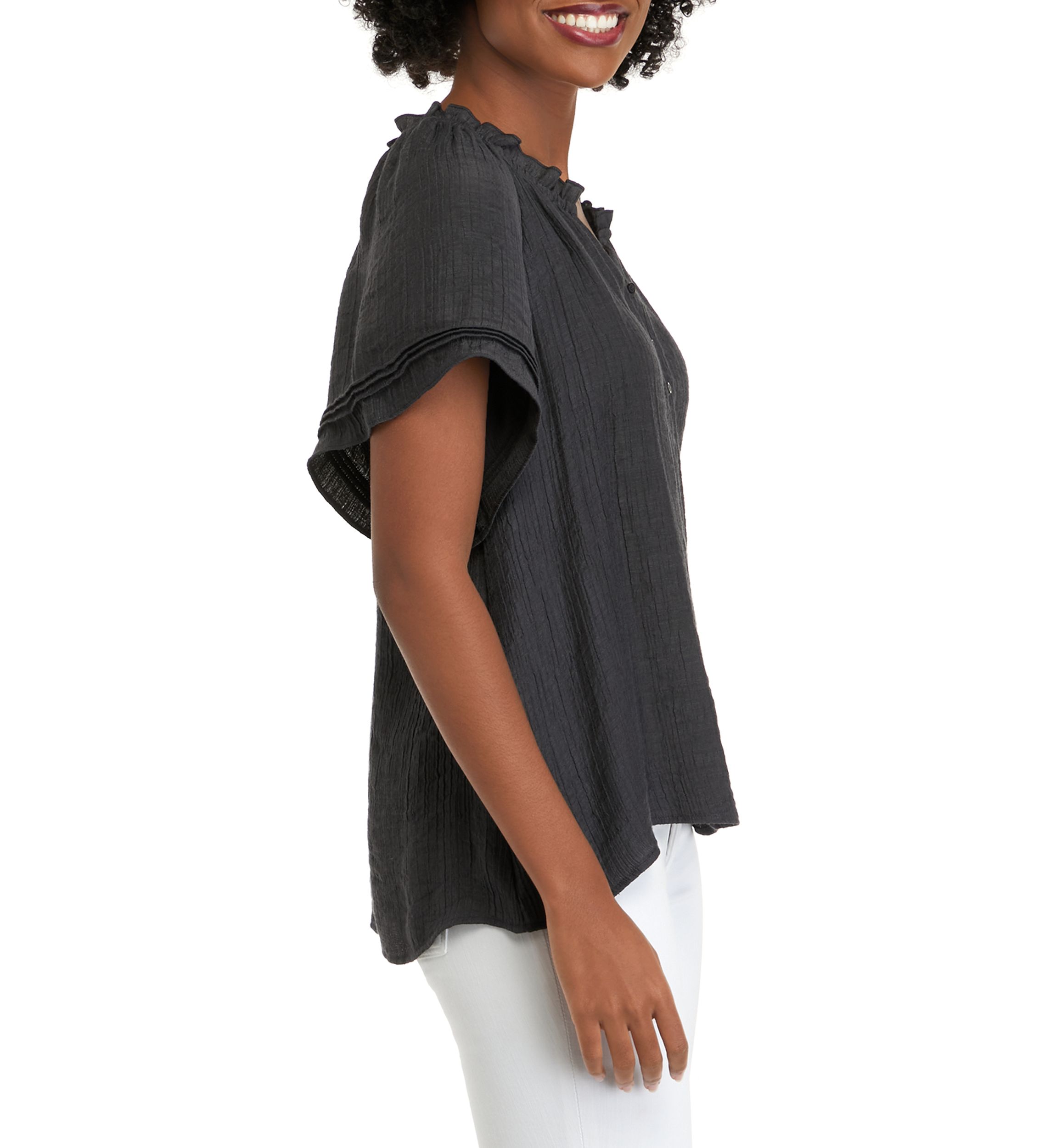 Womens Short Sleeve Linen Like Peasant Woven Top