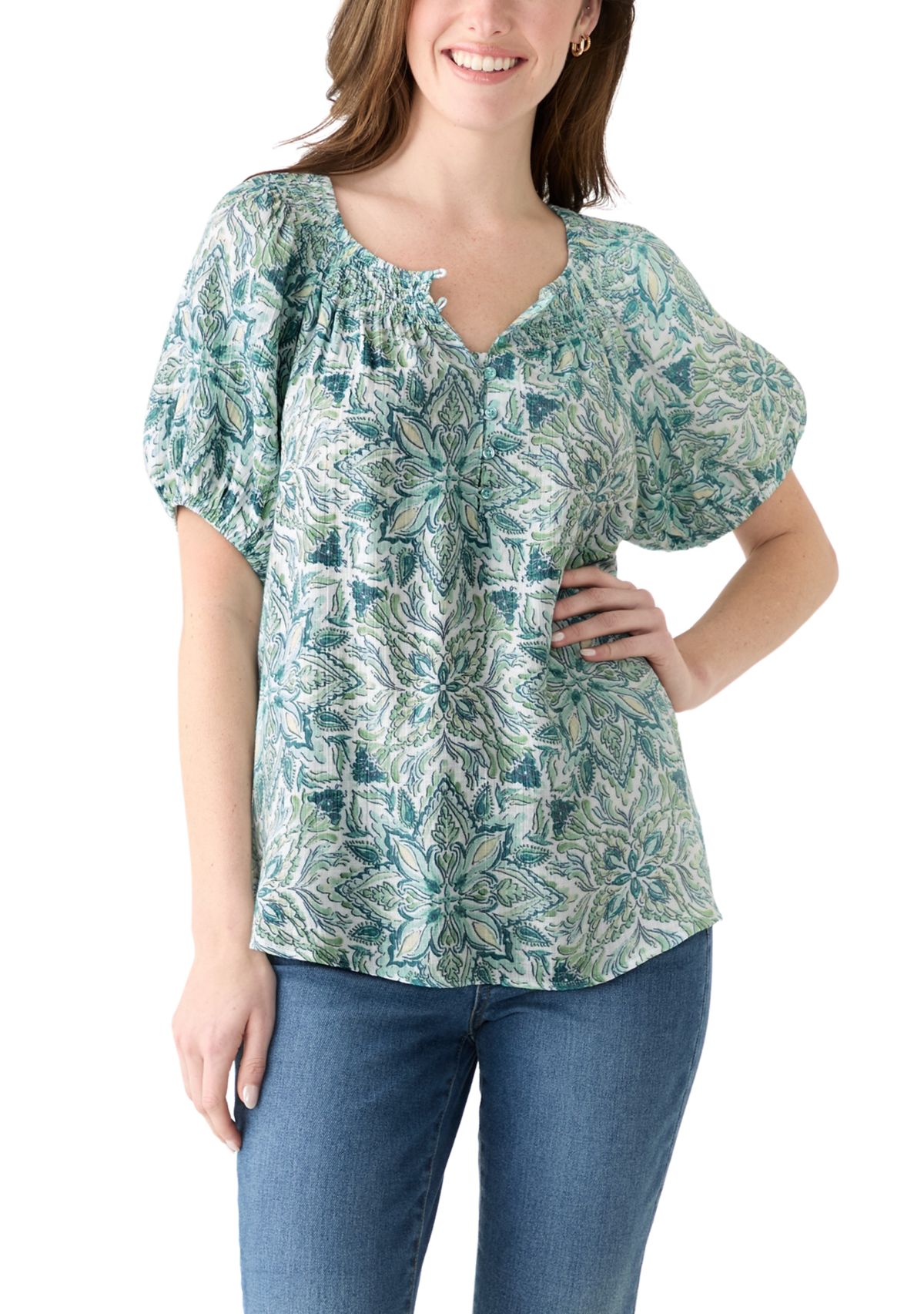 Womens Smocked Printed Blouse