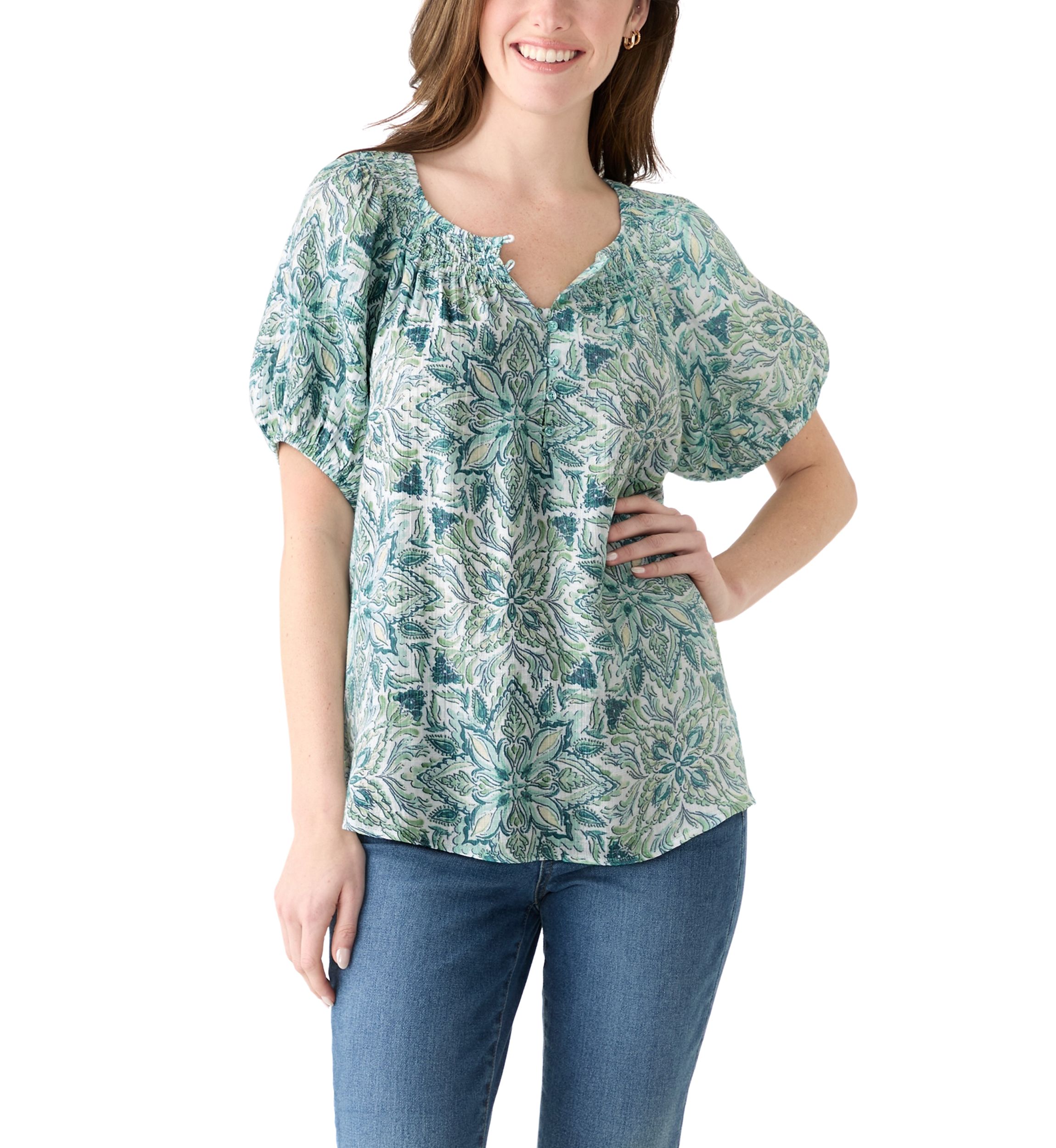 Womens Smocked Printed Blouse