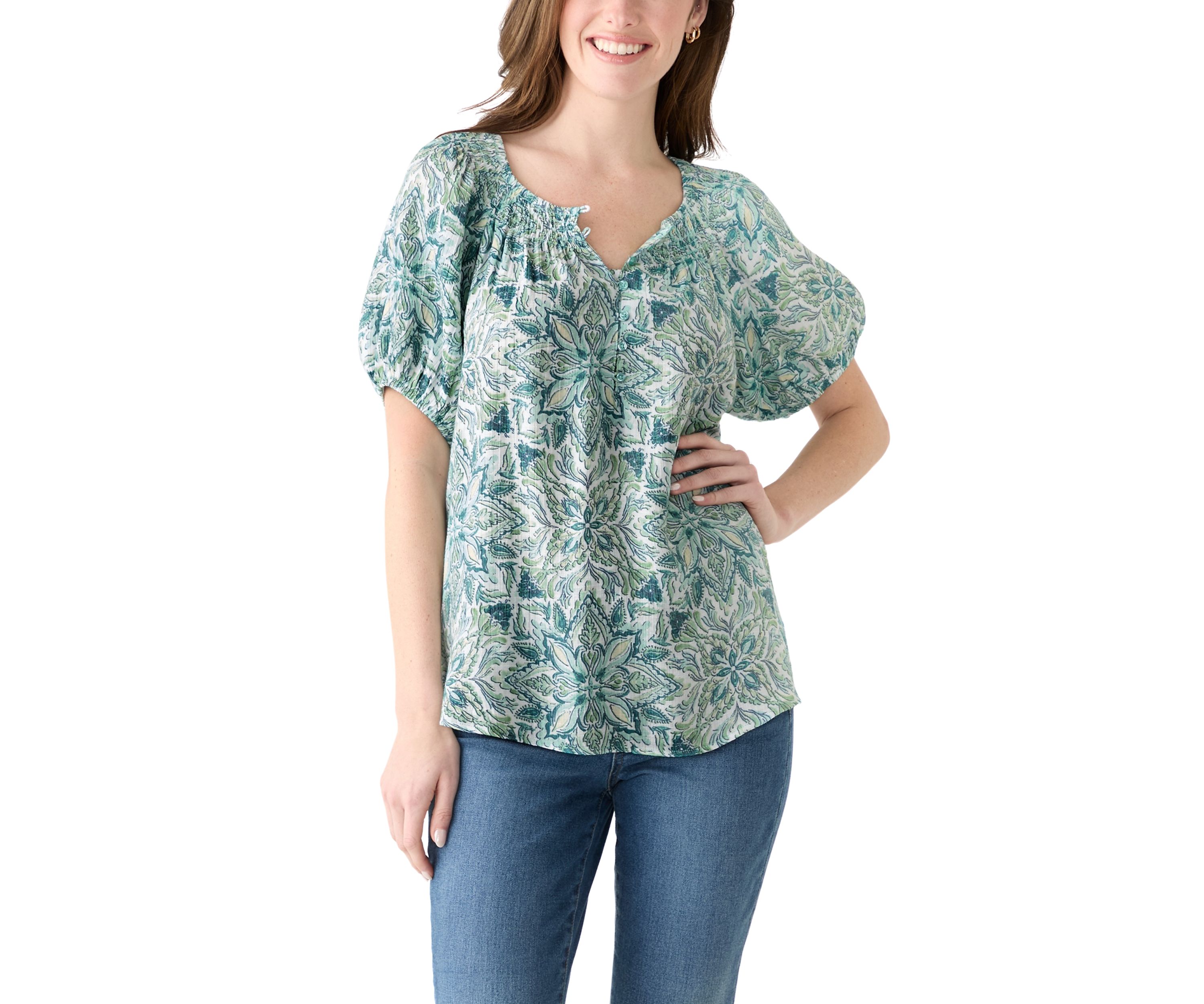 Womens Smocked Printed Blouse