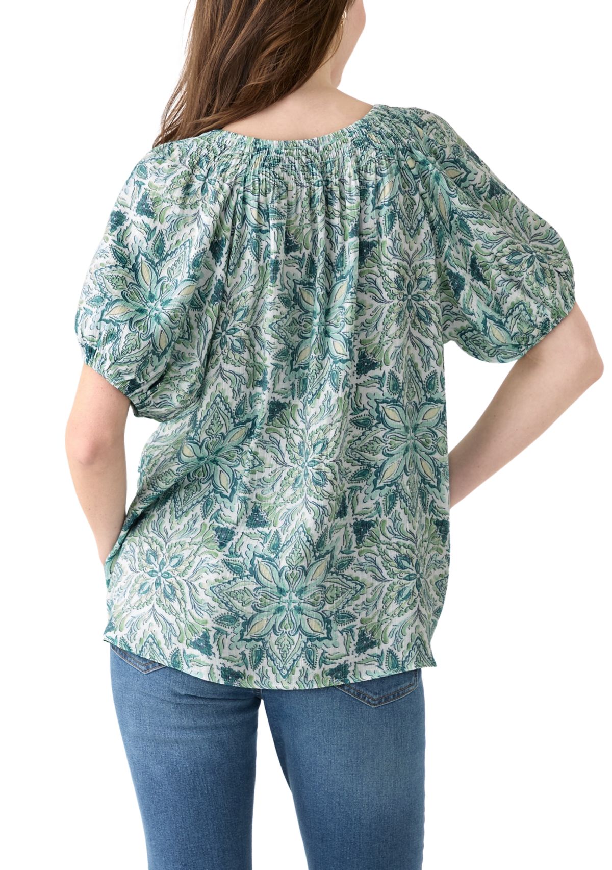 Womens Smocked Printed Blouse