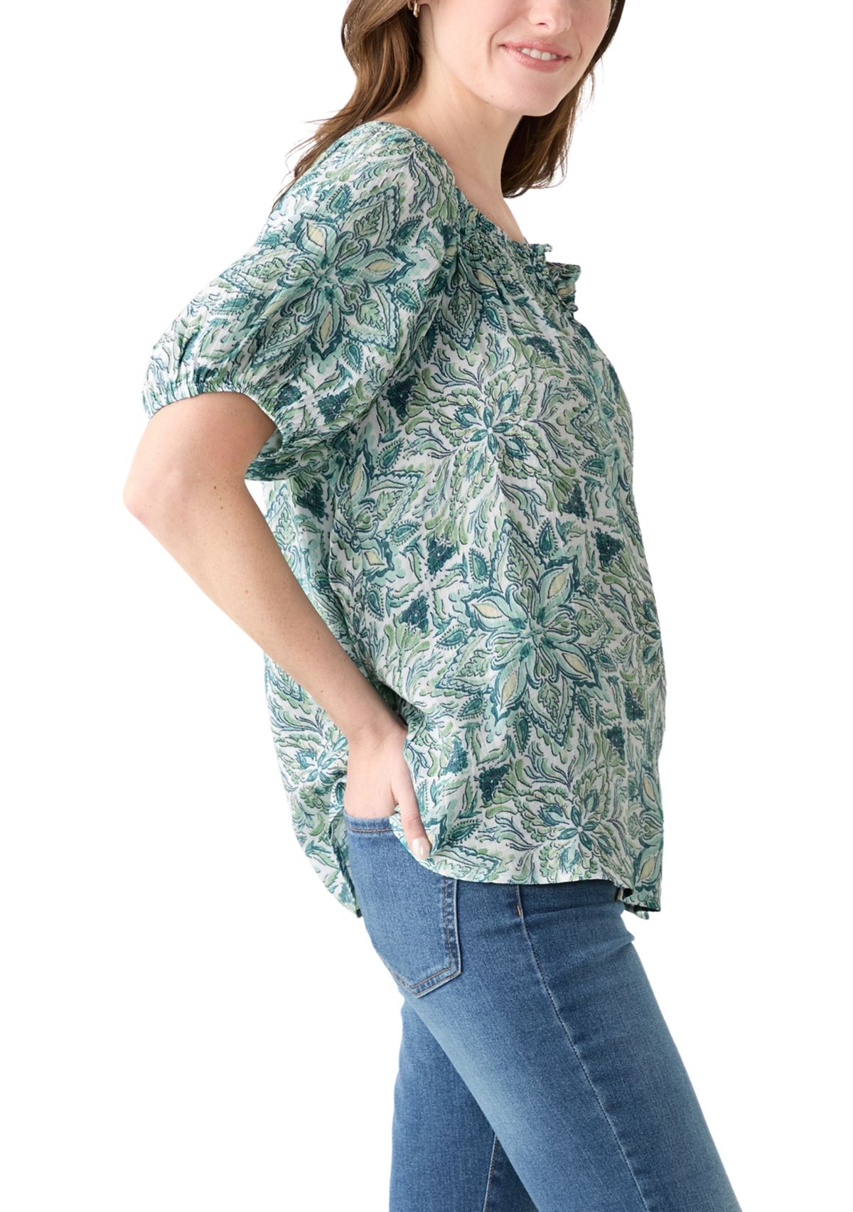 Womens Smocked Printed Blouse