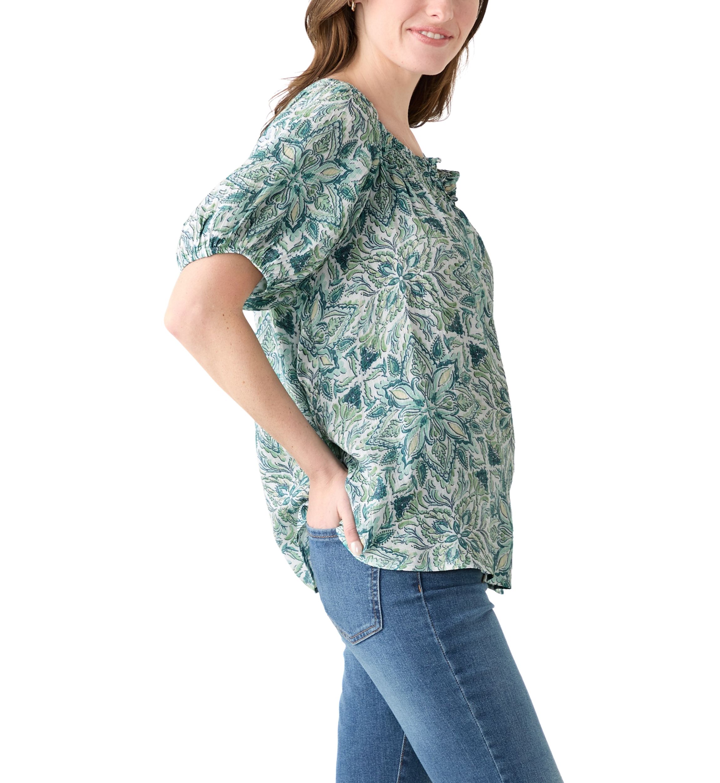 Womens Smocked Printed Blouse