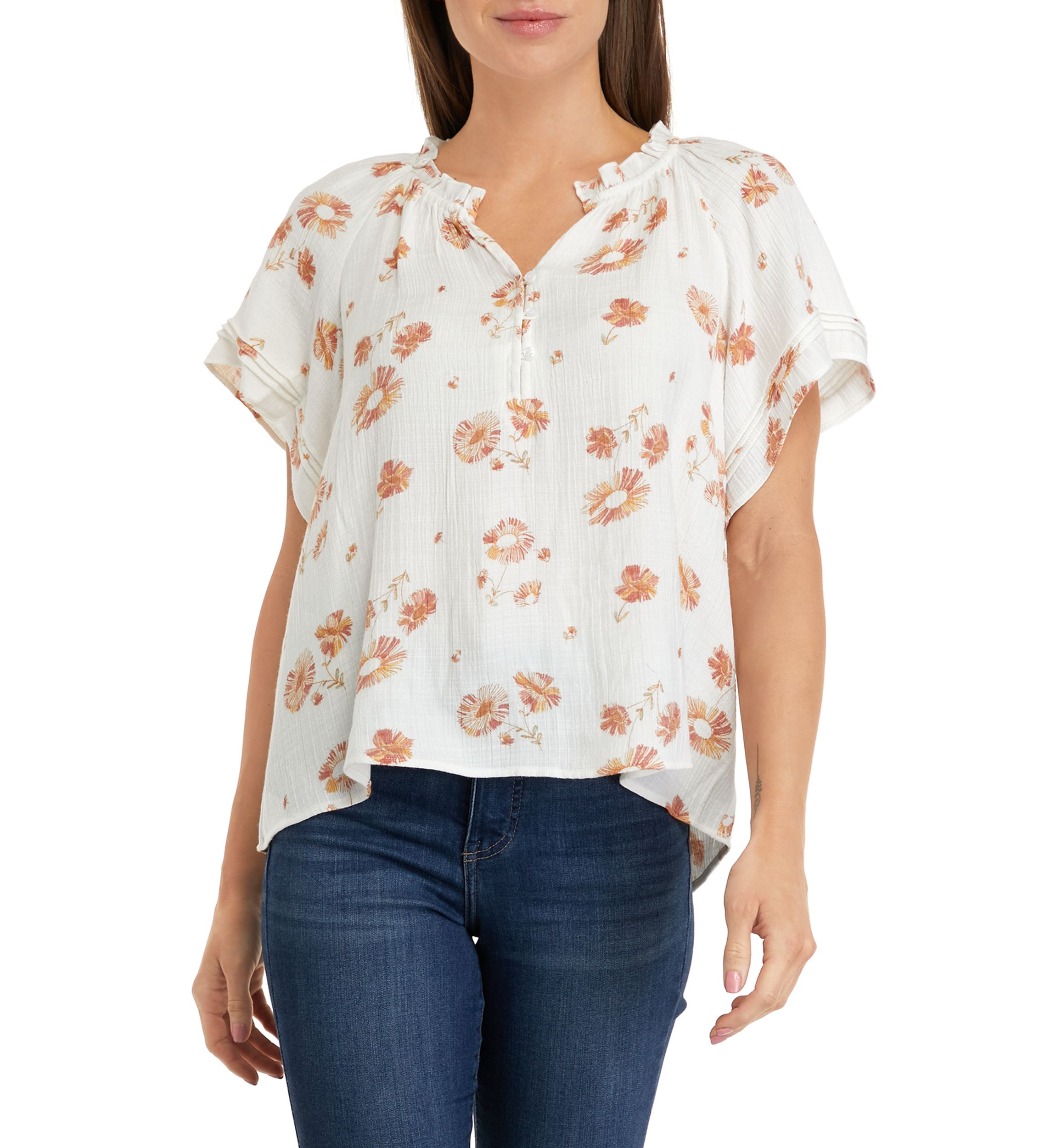 Womens Short Sleeve Linen Like Peasant Woven Top