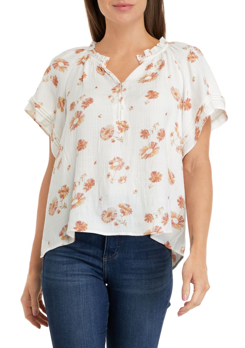 Womens Short Sleeve Linen Like Peasant Woven Top