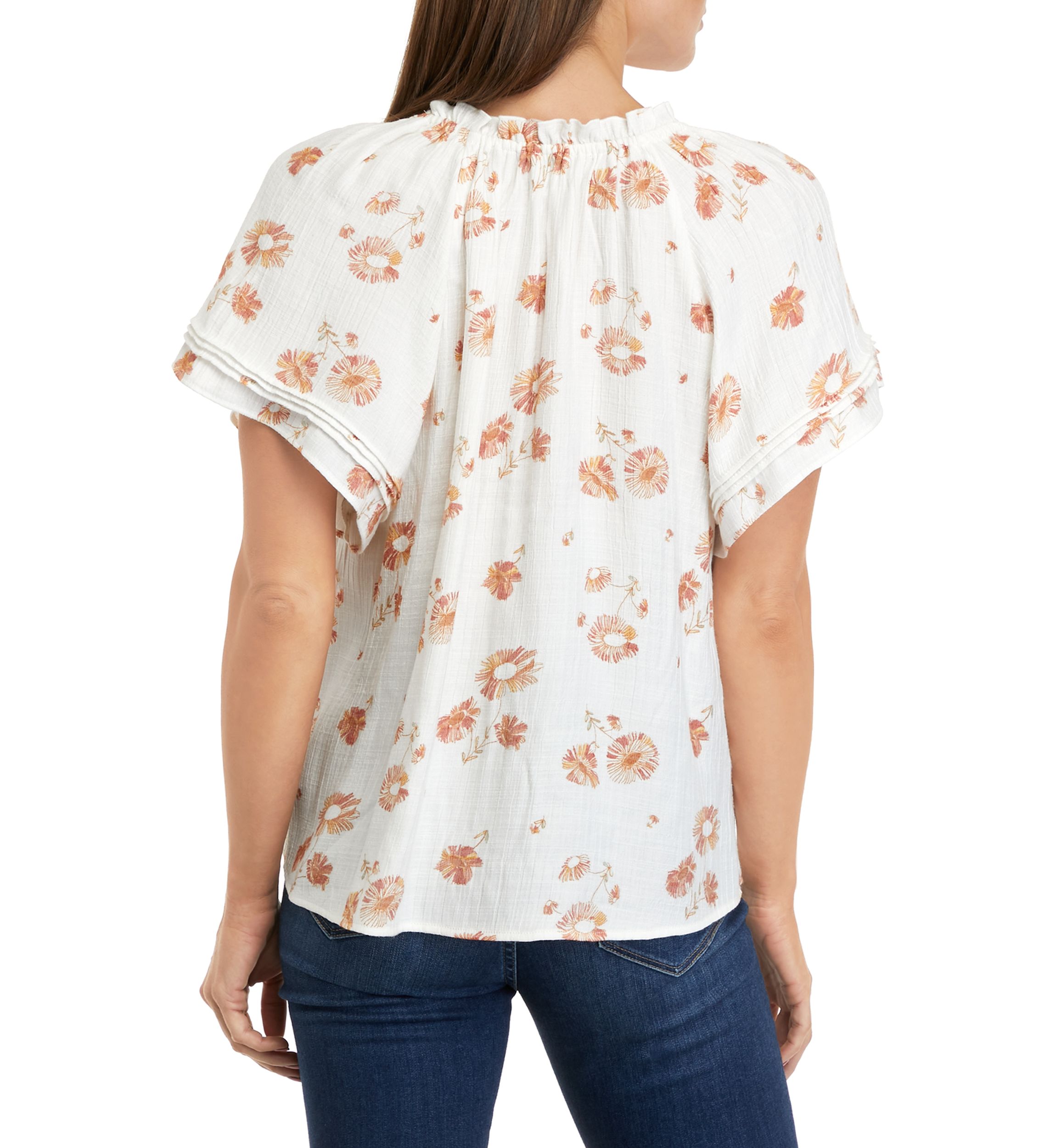 Womens Short Sleeve Linen Like Peasant Woven Top