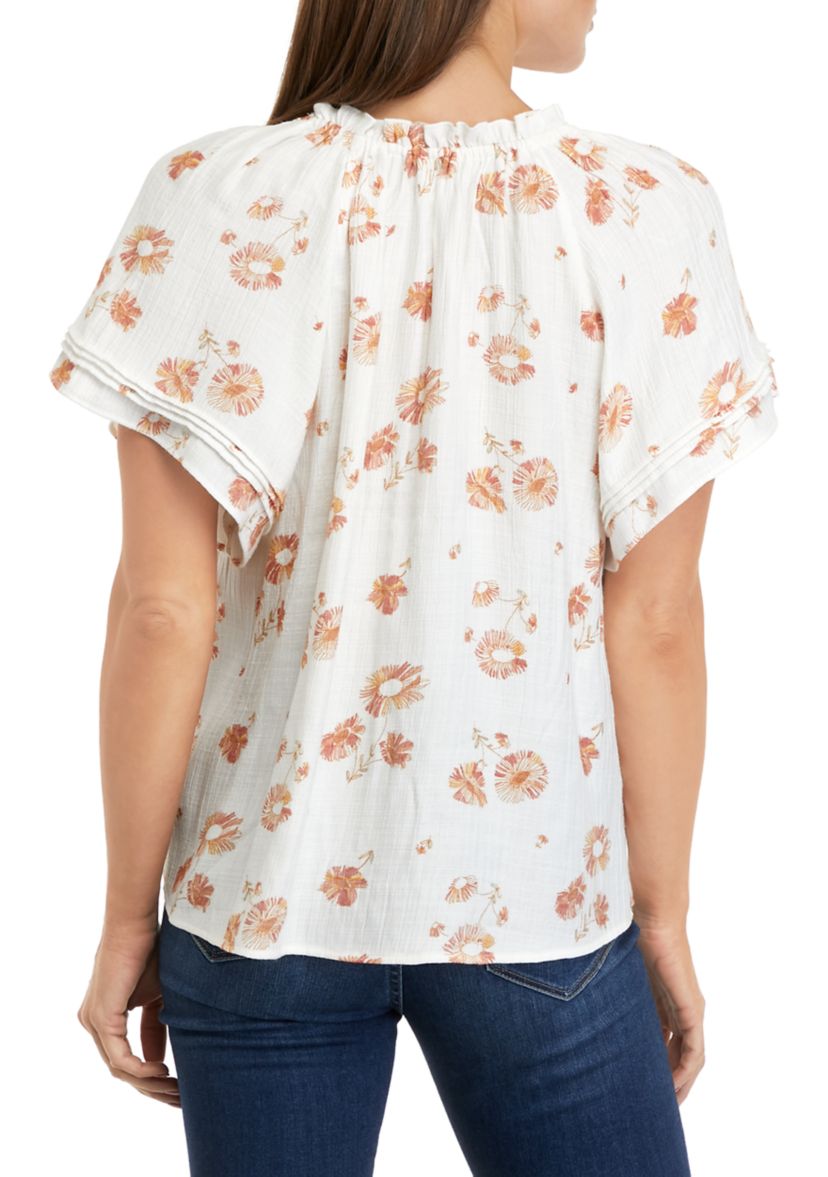 Womens Short Sleeve Linen Like Peasant Woven Top