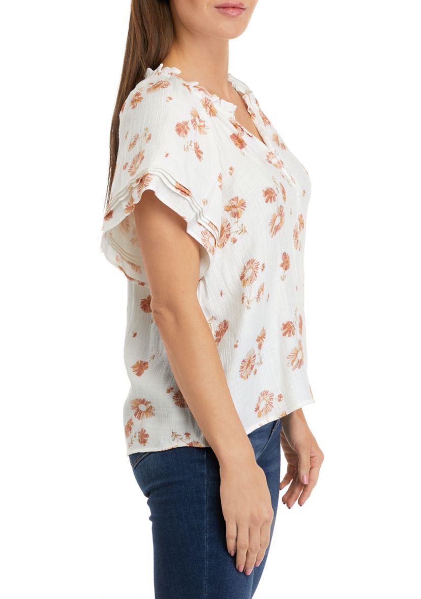 Womens Short Sleeve Linen Like Peasant Woven Top