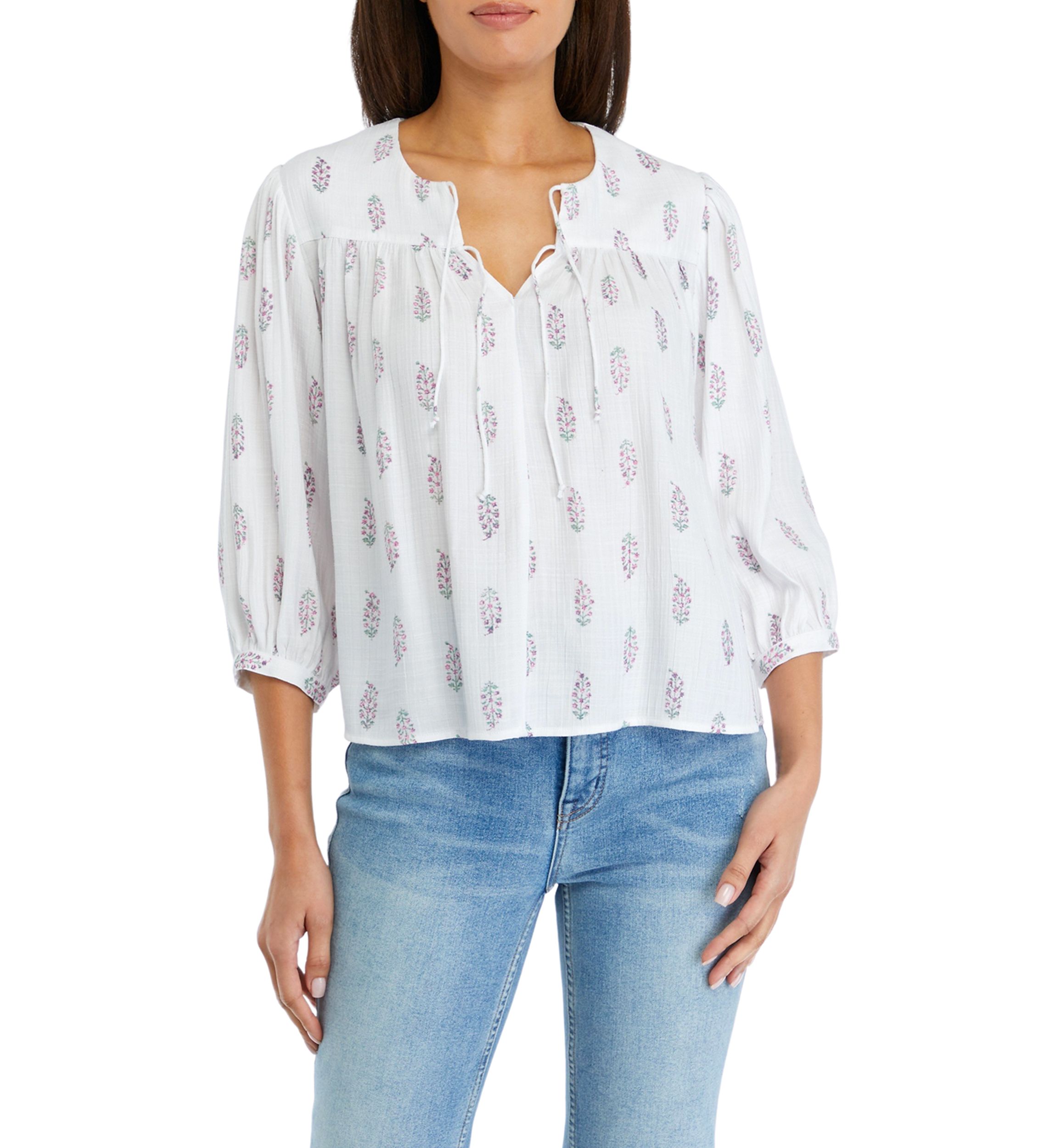 Petite Printed Linen Like Peasant Blouse