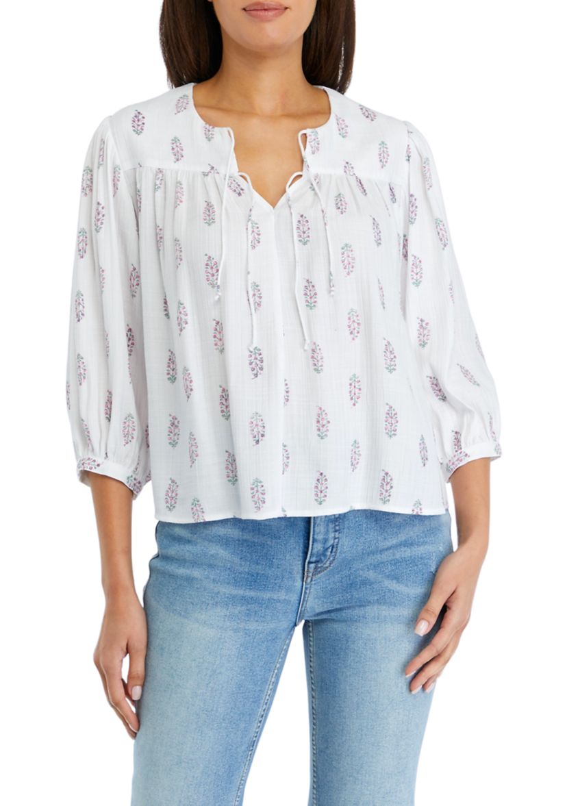 Petite Printed Linen Like Peasant Blouse