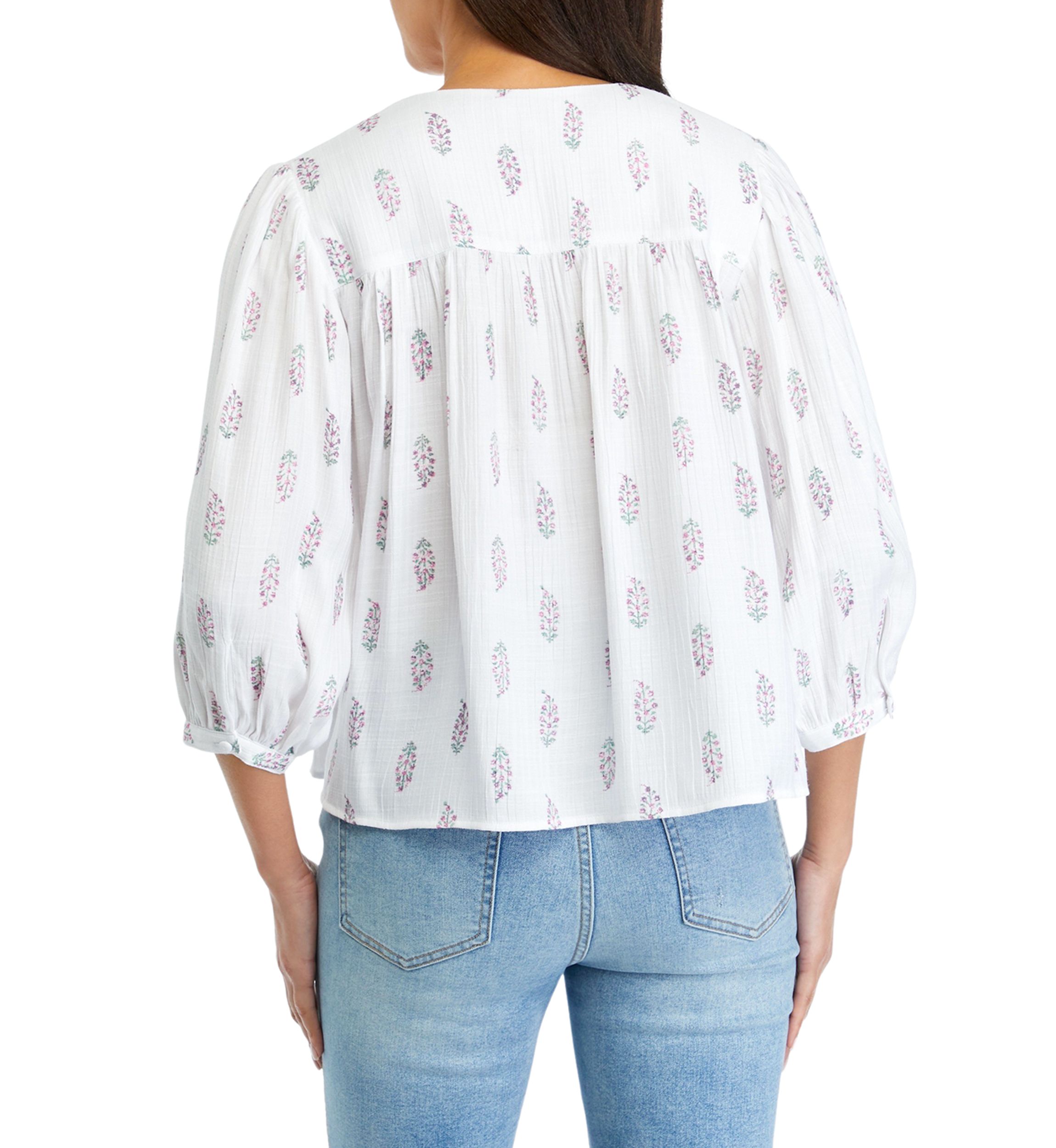 Petite Printed Linen Like Peasant Blouse