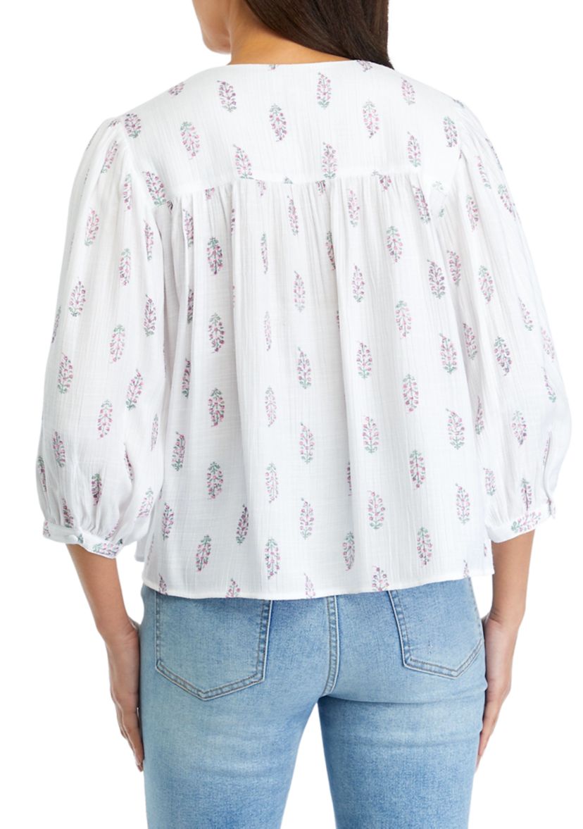 Petite Printed Linen Like Peasant Blouse