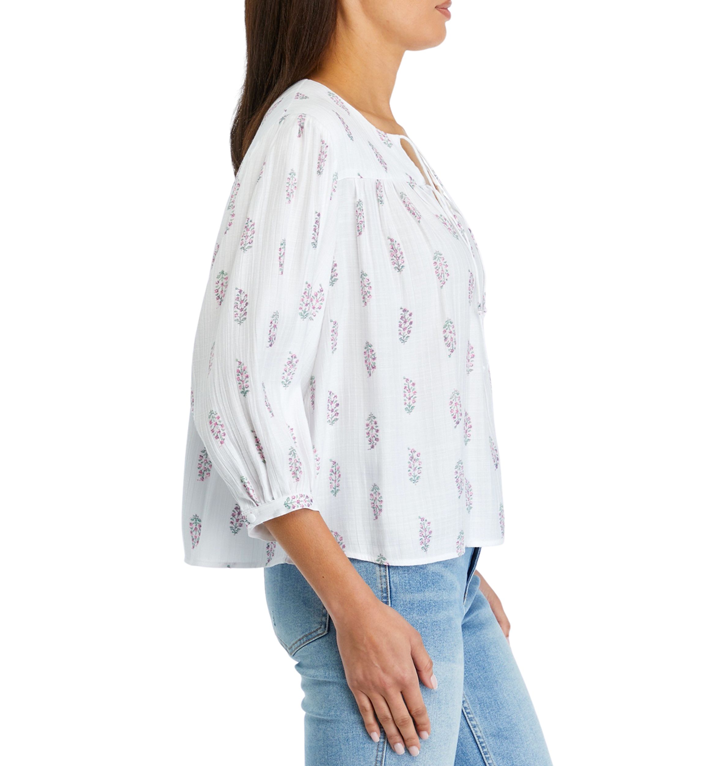 Petite Printed Linen Like Peasant Blouse