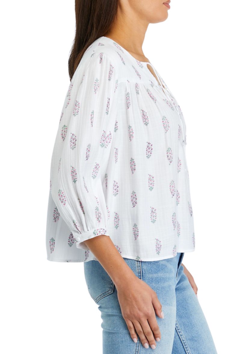 Petite Printed Linen Like Peasant Blouse