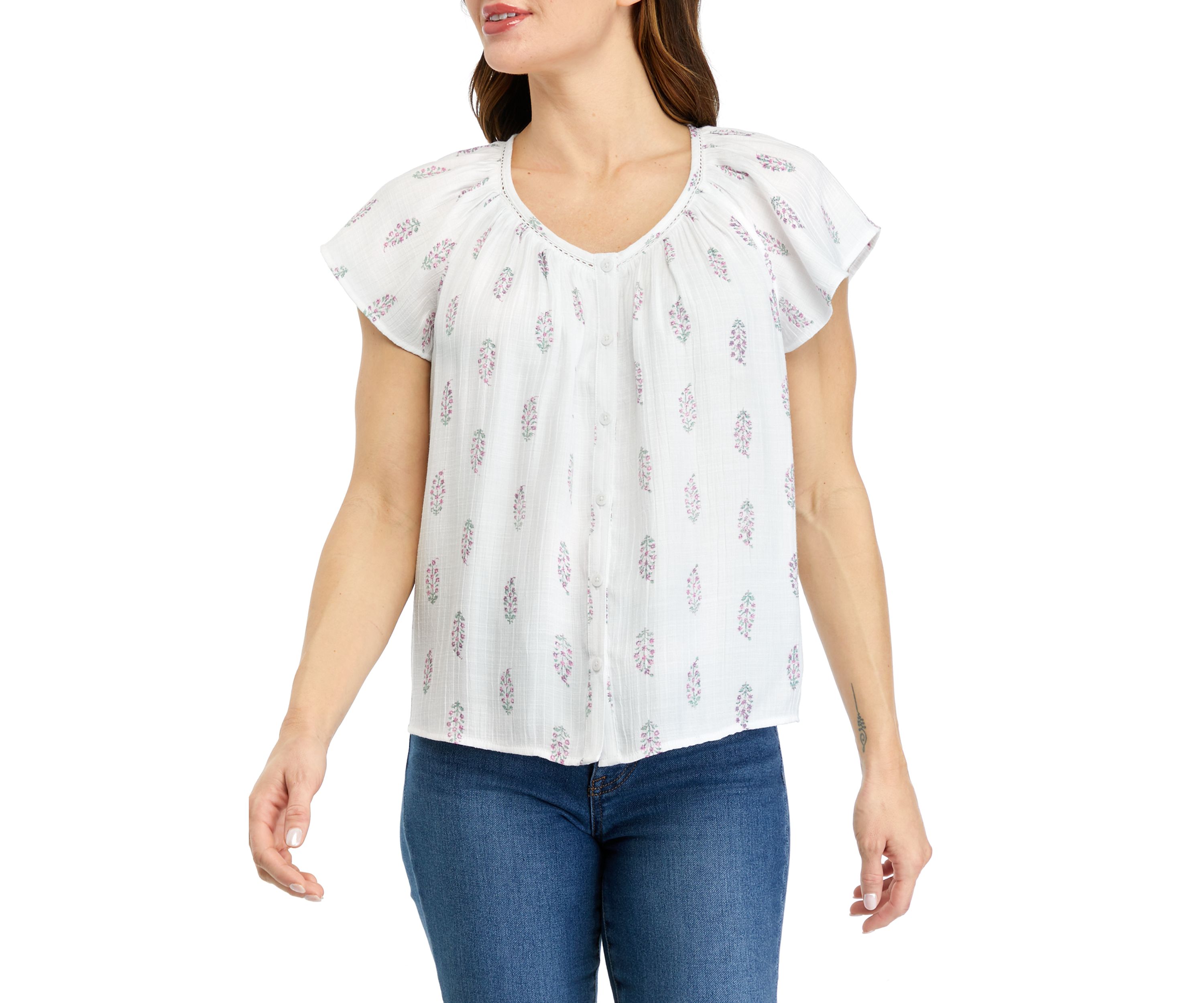 Petite Printed Linen Like Flutter Sleeve Top