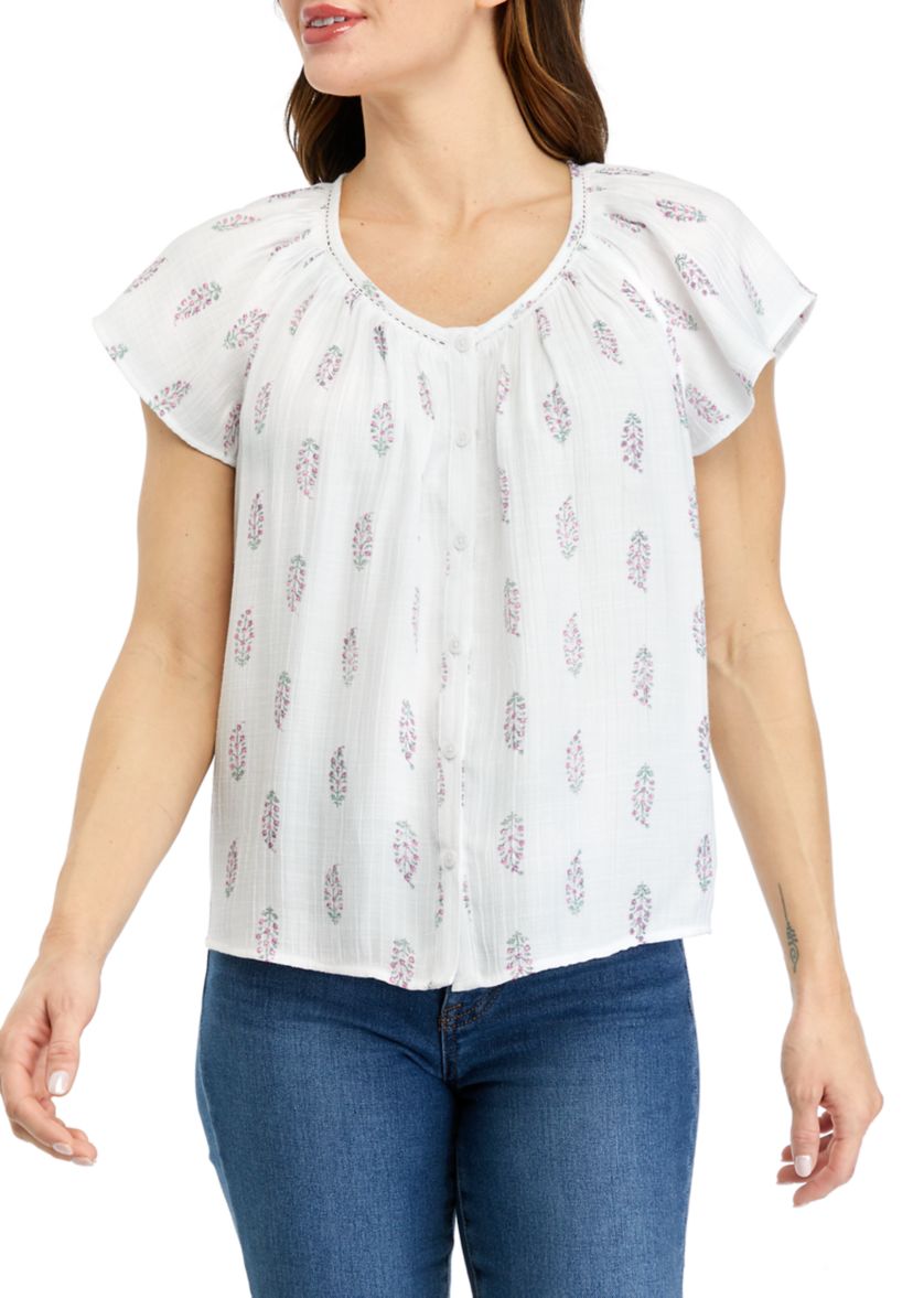 Petite Printed Linen Like Flutter Sleeve Top