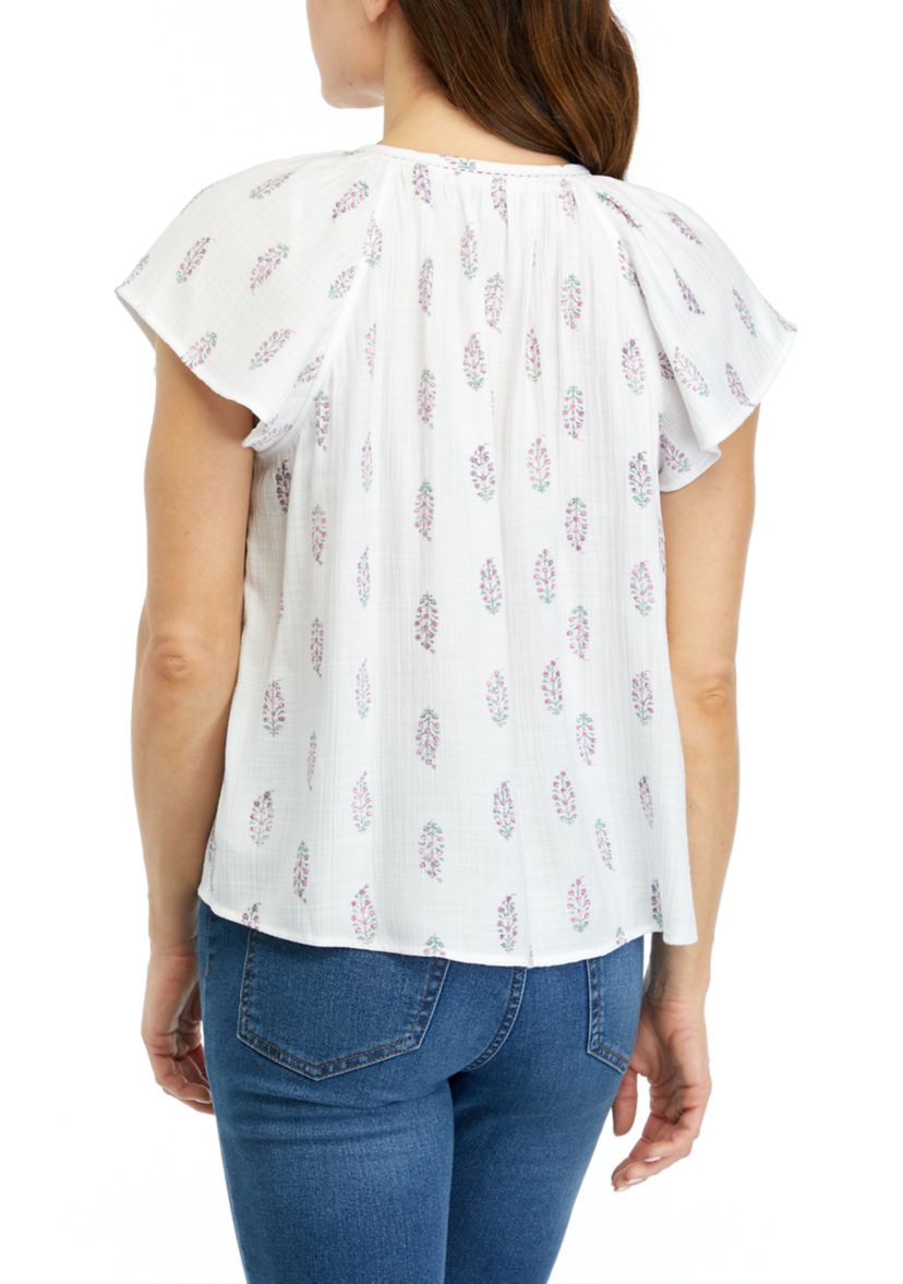 Petite Printed Linen Like Flutter Sleeve Top