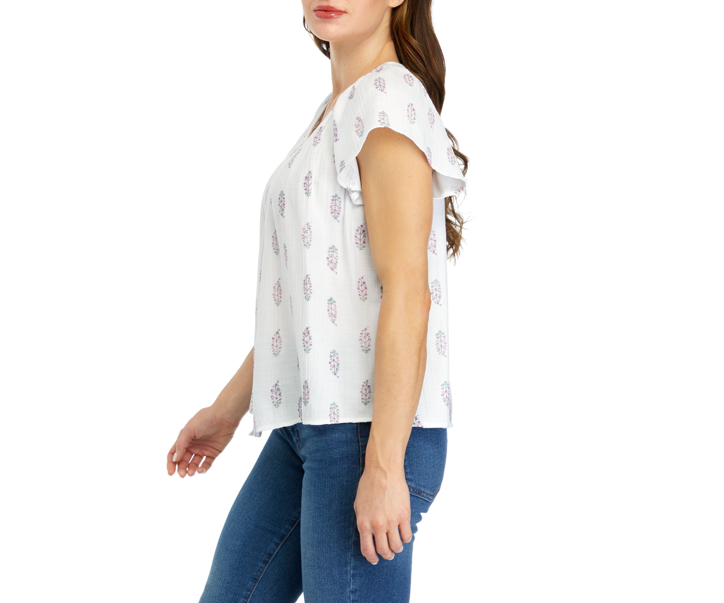 Petite Printed Linen Like Flutter Sleeve Top