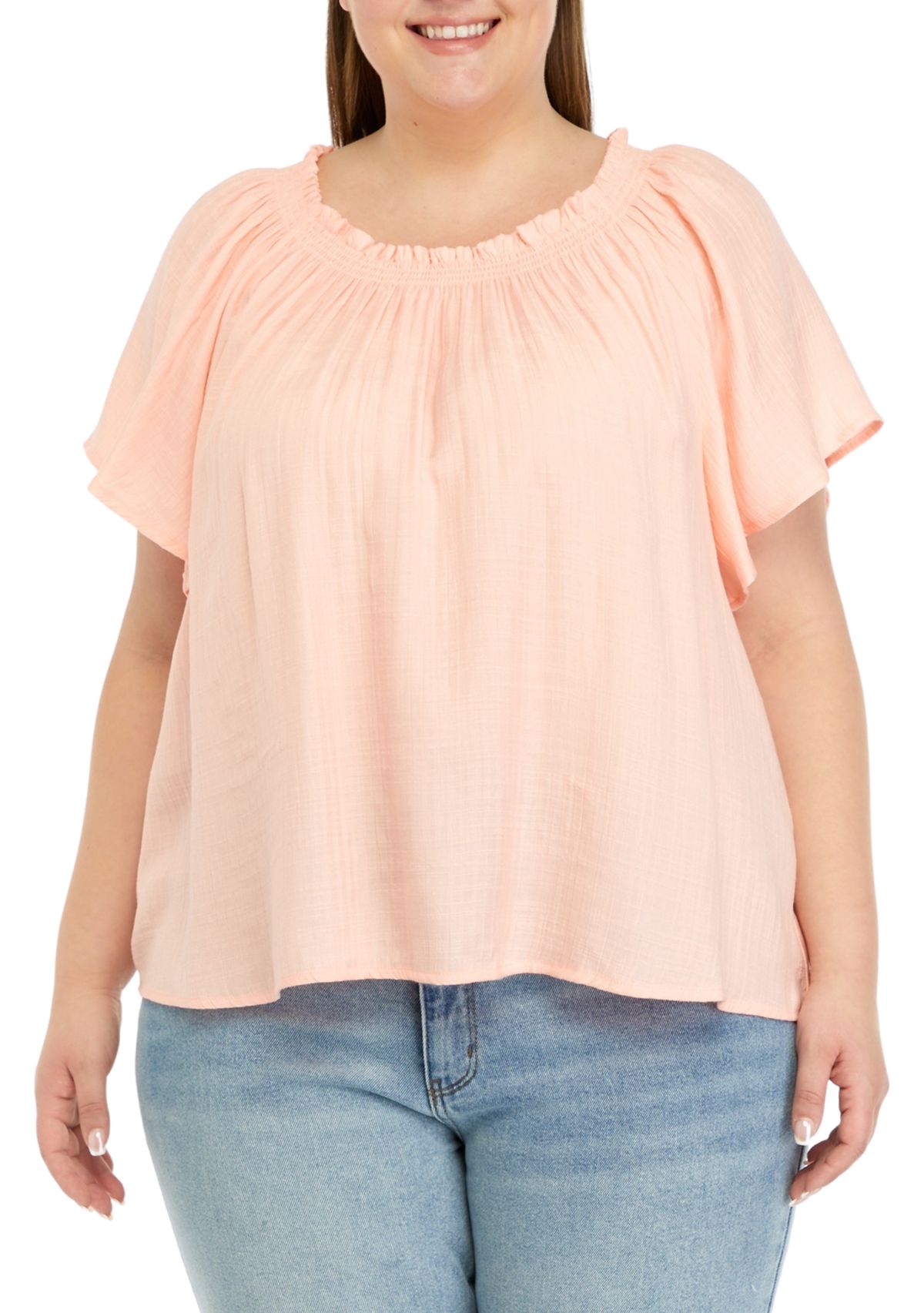 Plus Size Smocked Ruffle Neck Top