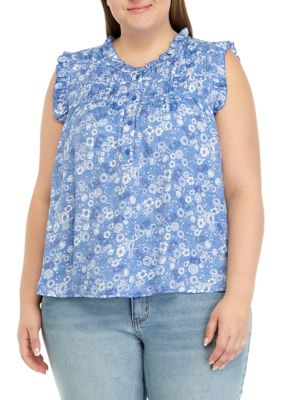 Wonderly Women's Plus Size Shirred Shoulder Printed Henley Shirt, 4X