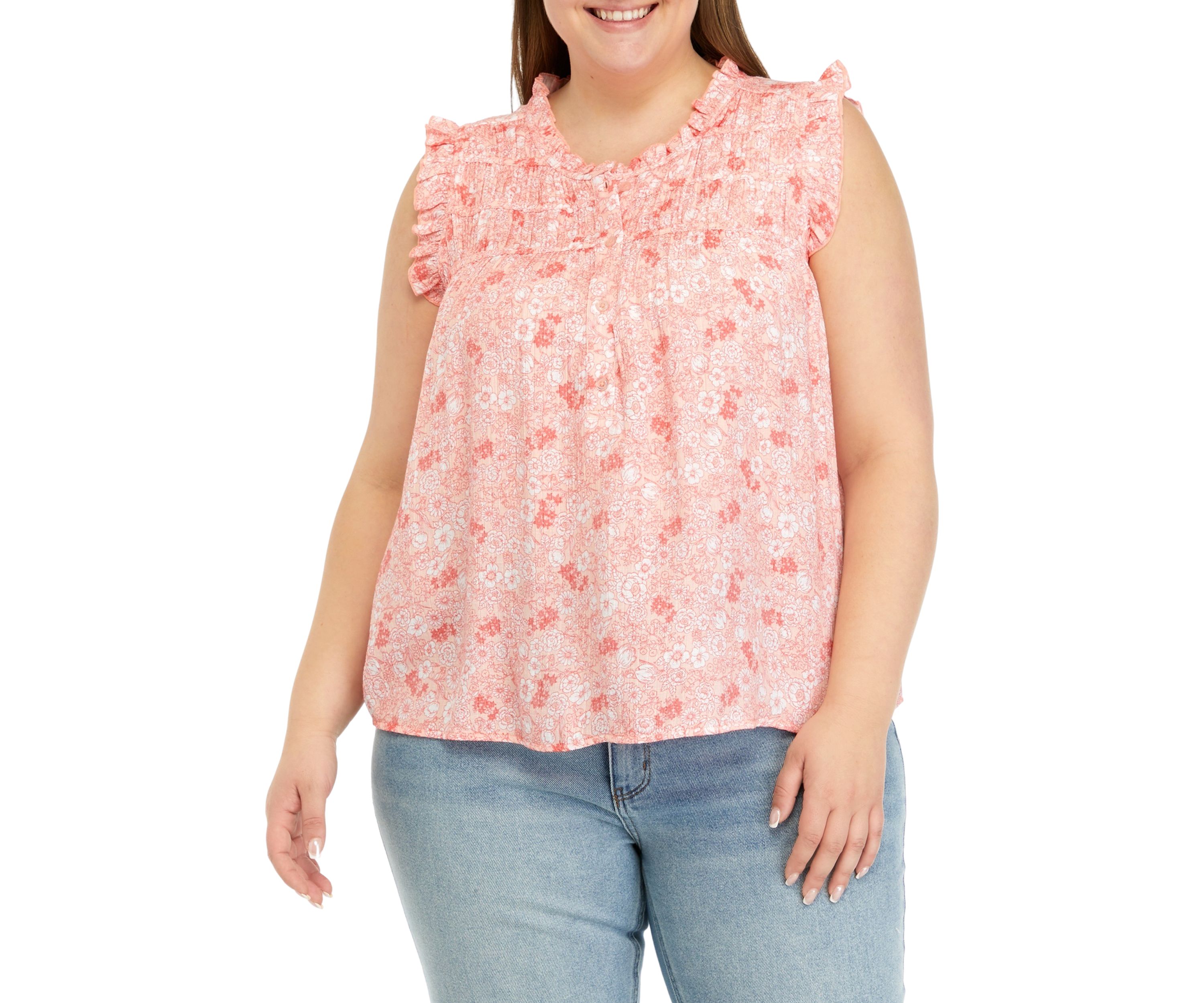 Plus Size Shirred Shoulder Printed Henley Shirt