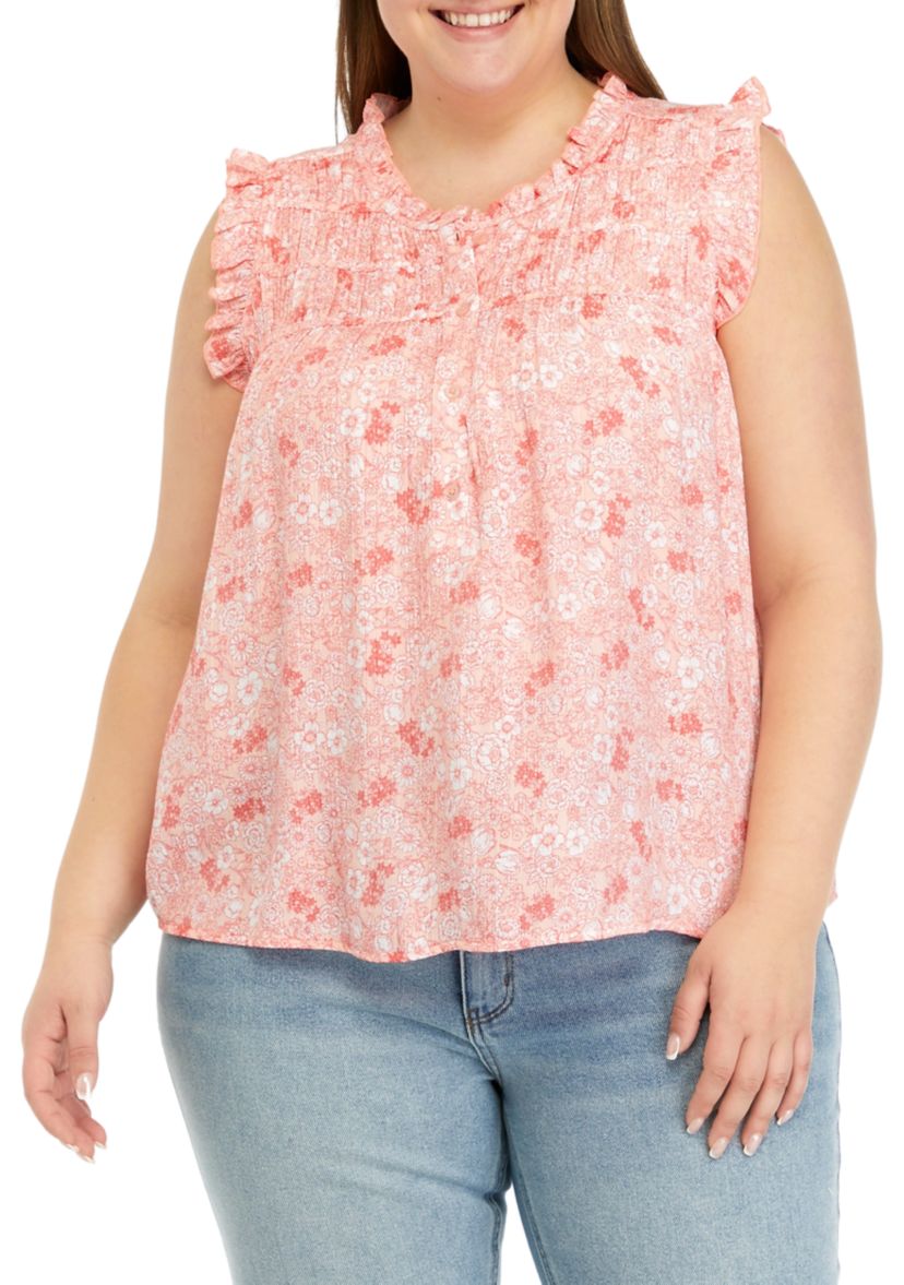 Plus Size Shirred Shoulder Printed Henley Shirt