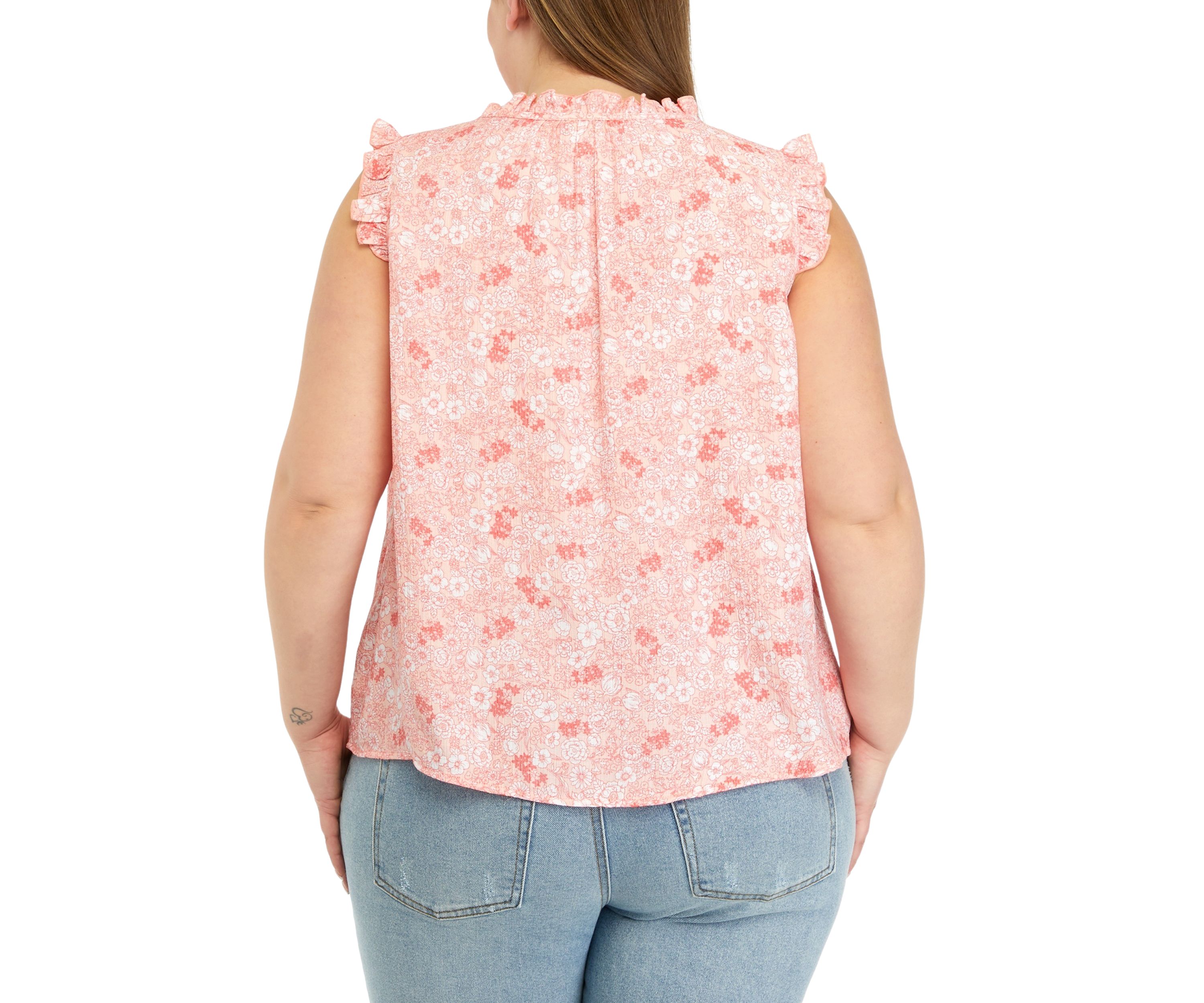 Plus Size Shirred Shoulder Printed Henley Shirt