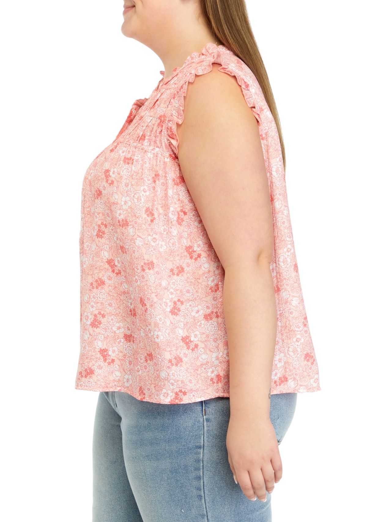 Plus Size Shirred Shoulder Printed Henley Shirt