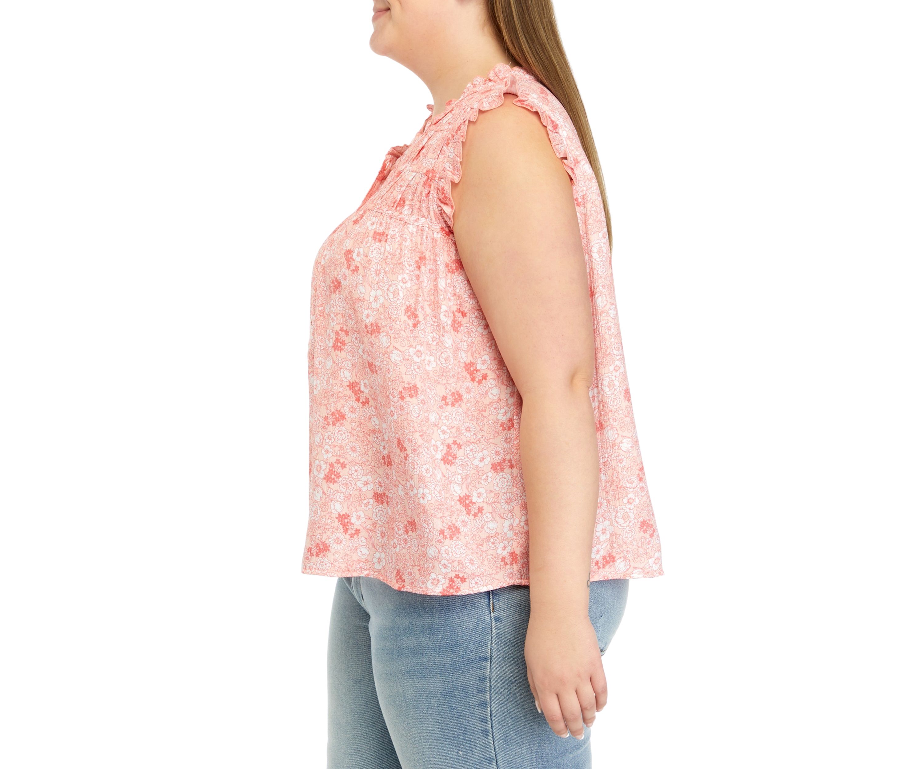 Plus Size Shirred Shoulder Printed Henley Shirt