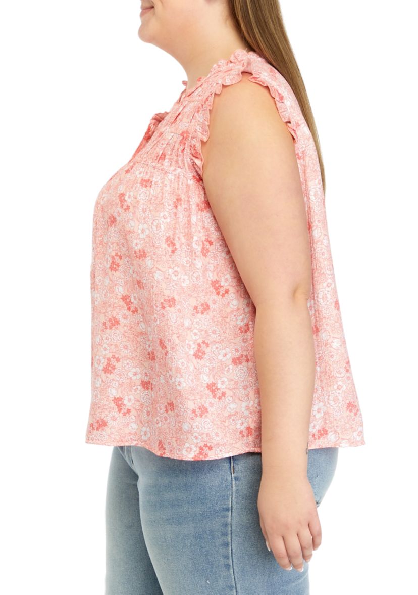 Plus Size Shirred Shoulder Printed Henley Shirt