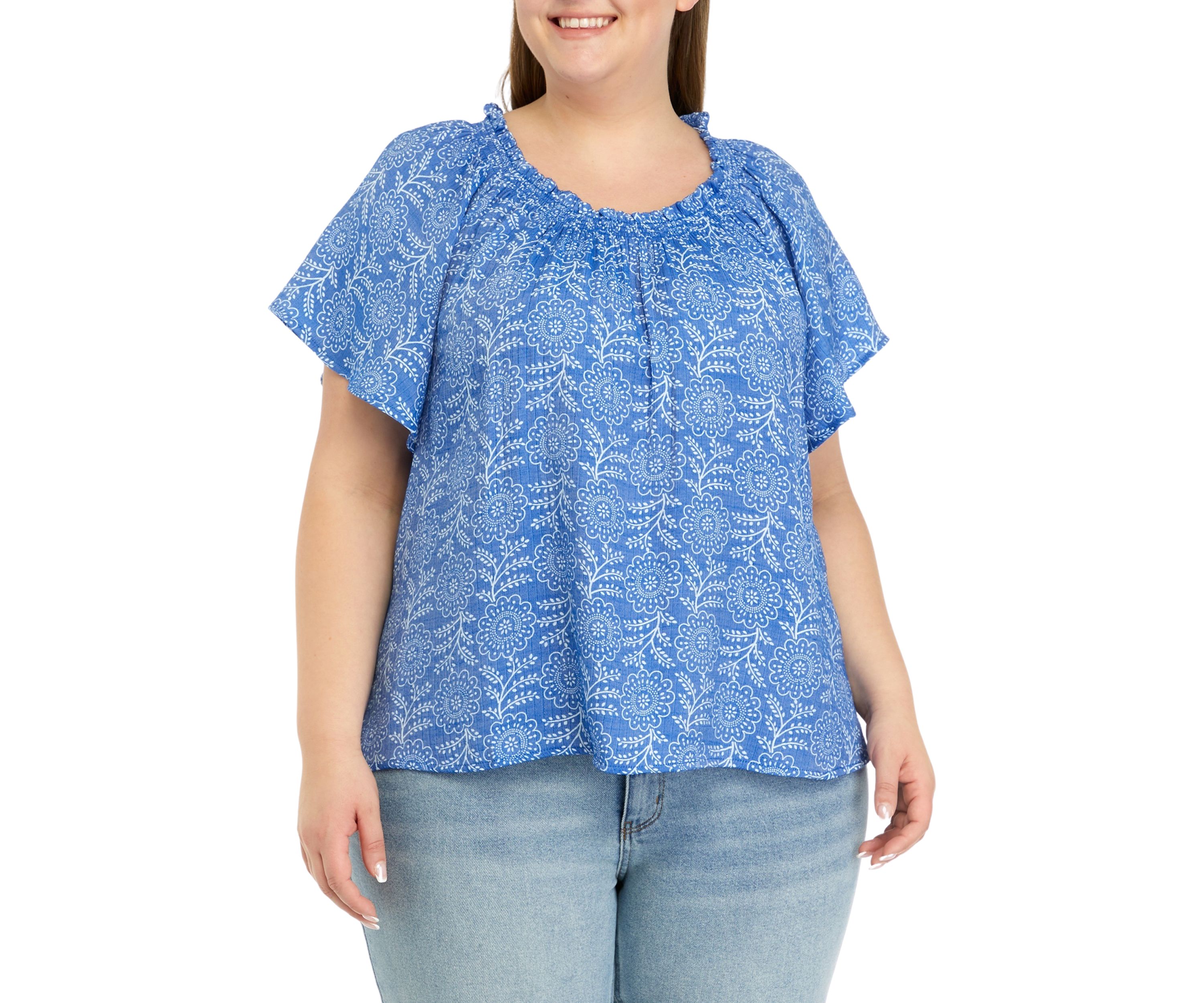 Plus Size Printed Smocked Neck Top