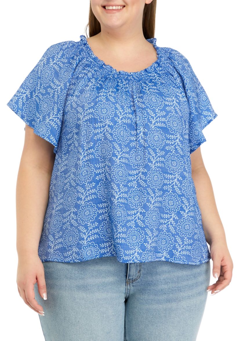 Plus Size Printed Smocked Neck Top