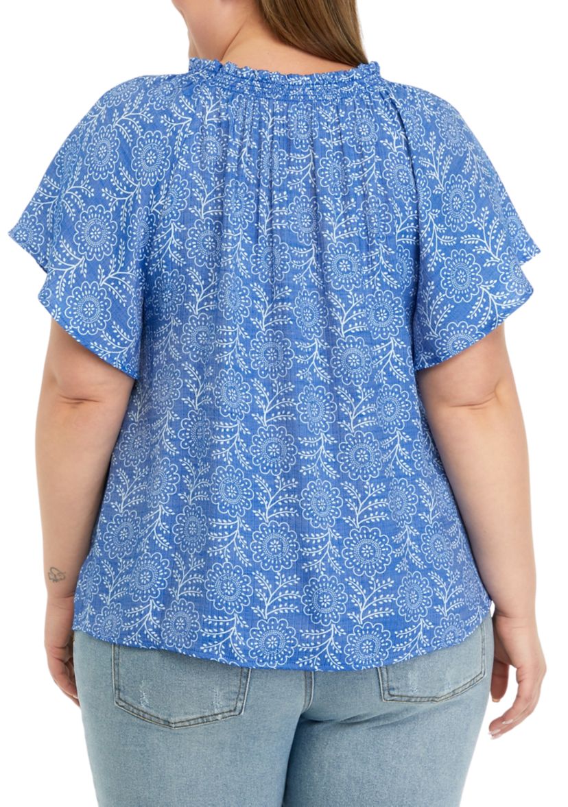 Plus Size Printed Smocked Neck Top