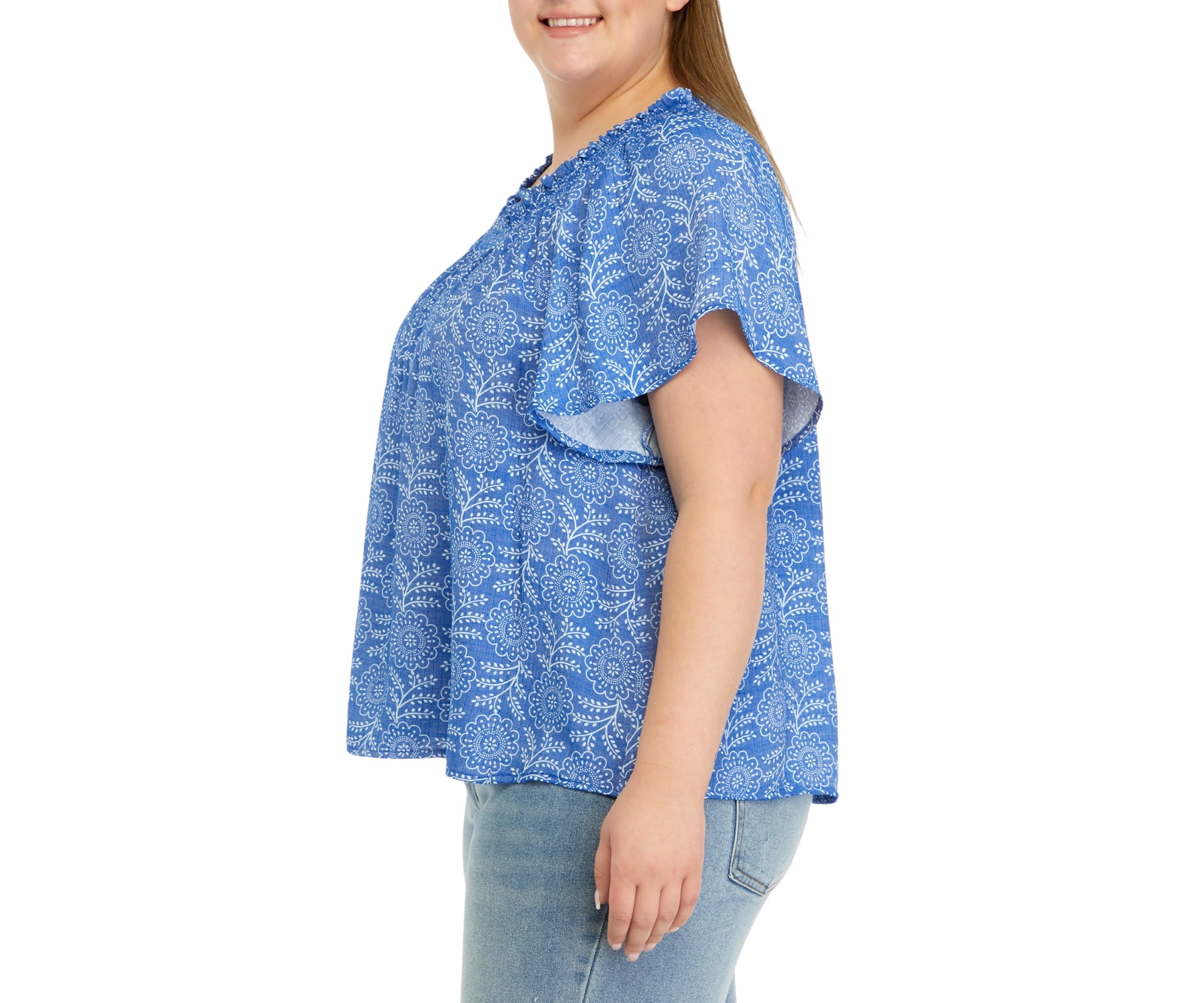 Plus Size Printed Smocked Neck Top
