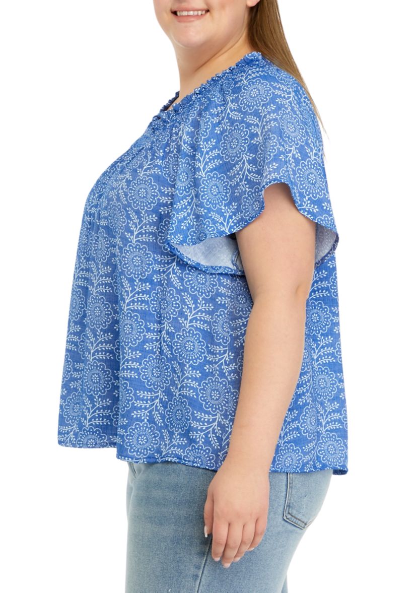 Plus Size Printed Smocked Neck Top