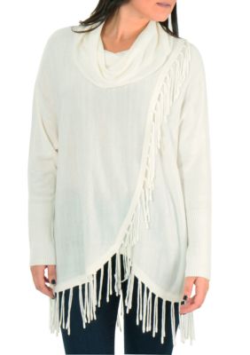 new directions petite cowl neck fringe pullove